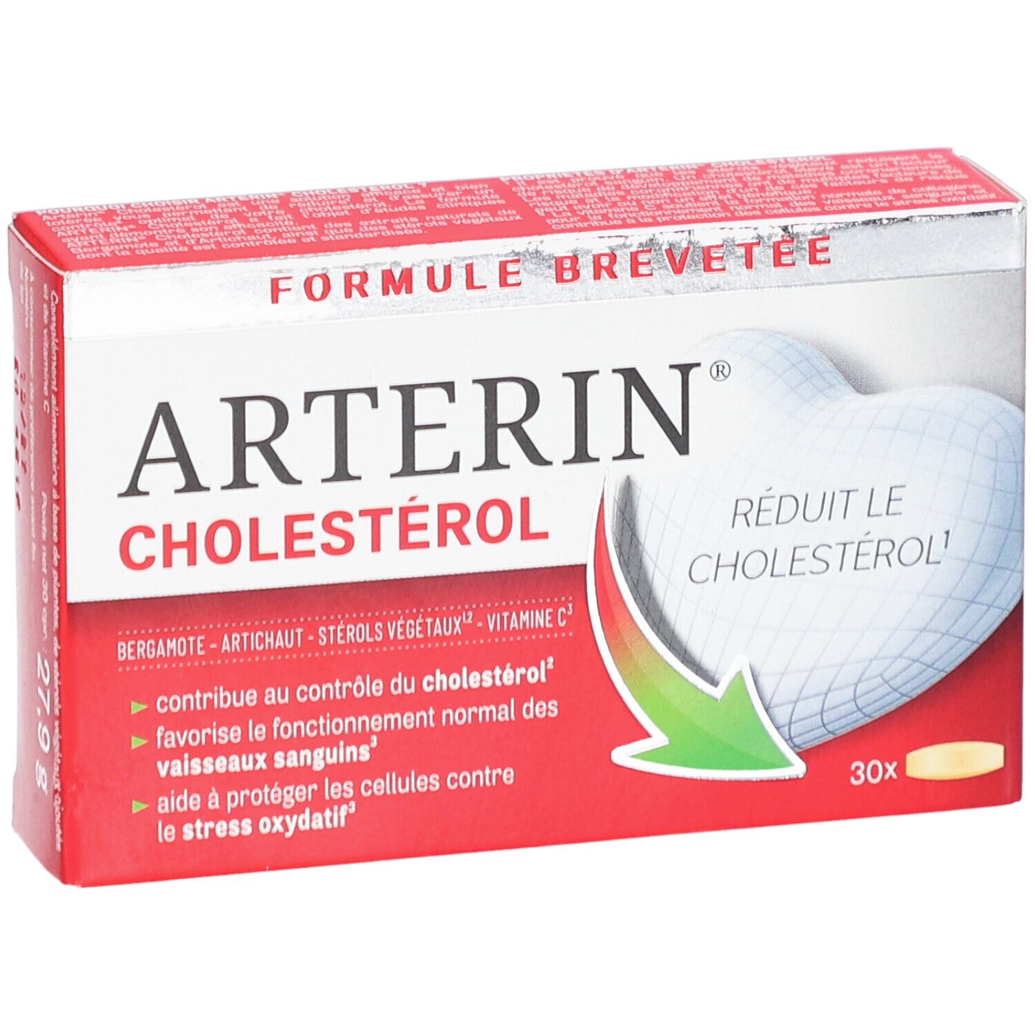 Boîte Arterin Cholestérol. Rouge, cœur blanc, informations produit. Contient 30 comprimés.
