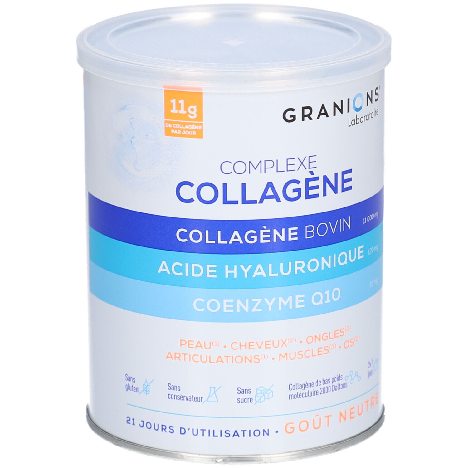 Zylinderdose mit GRANIONS COLLAGENE BOVIN. Enthält Kollagen, Hyaluronsäure und Coenzym Q10. Neutraler Geschmack. 21 Tage.