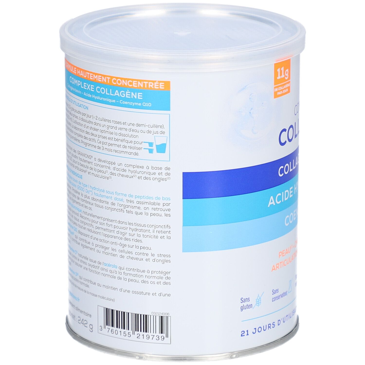 Rückseite der Dose GRANIONS COLLAGENE BOVIN. Enthält Informationen zu Inhaltsstoffen und Anwendung. 242g.