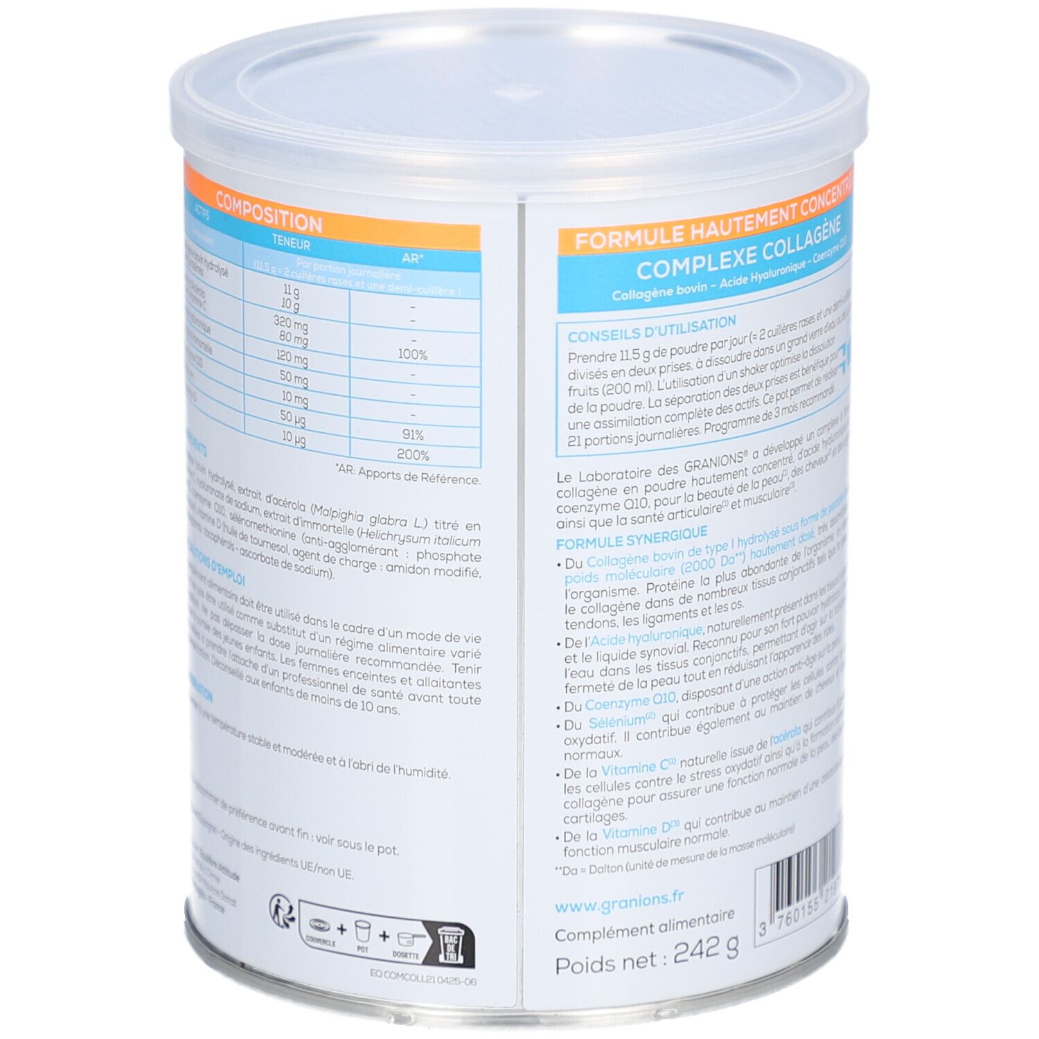 Rückseite der Dose GRANIONS COLLAGENE BOVIN. Enthält Informationen zu Inhaltsstoffen und Anwendung. 242g.
