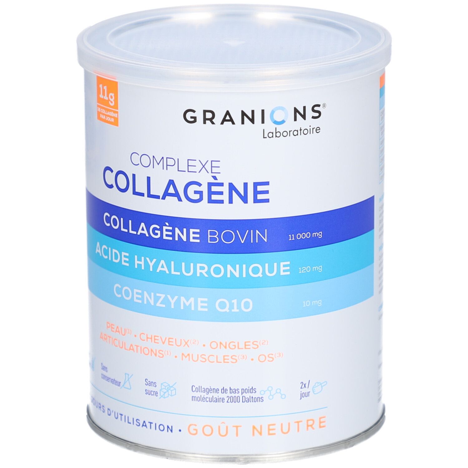 Zylinderdose GRANIONS COLLAGENE BOVIN. Enthält Kollagen, Hyaluronsäure und Coenzym Q10. 11.000 mg Kollagen.