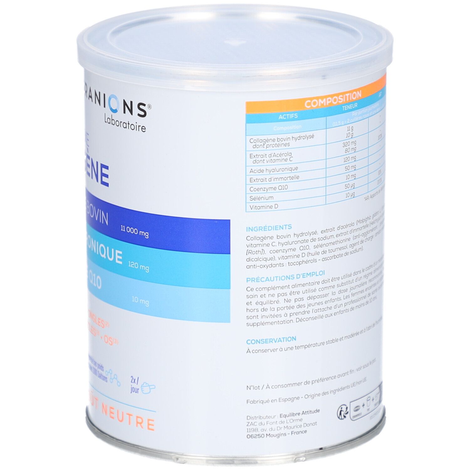 Rückseite der Dose GRANIONS COLLAGENE BOVIN. Enthält Informationen zu Inhaltsstoffen und Anwendung. 242g.