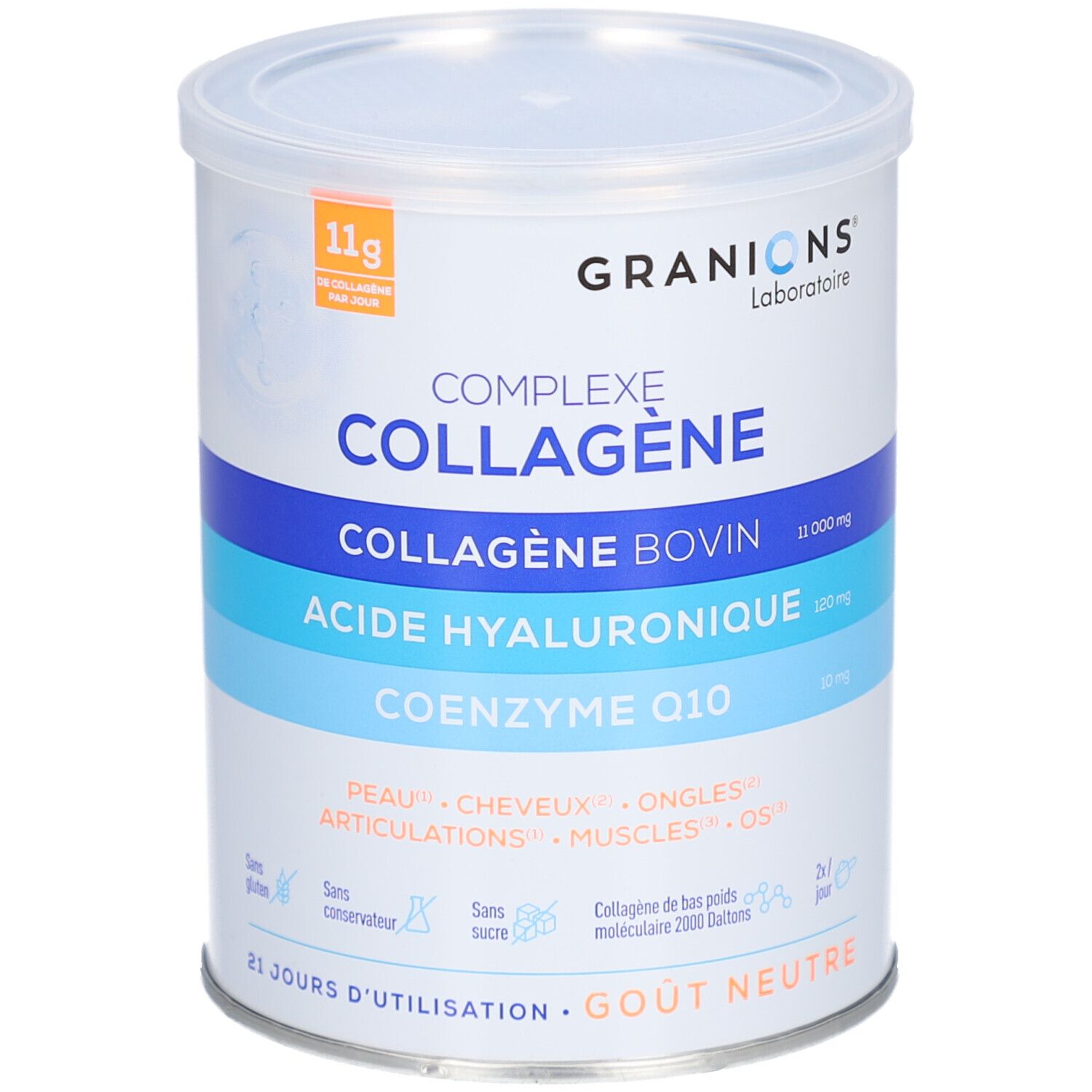 Zylinderdose GRANIONS COLLAGENE BOVIN. Enthält Kollagen, Hyaluronsäure und Coenzym Q10. Neutraler Geschmack. 21 Tage.