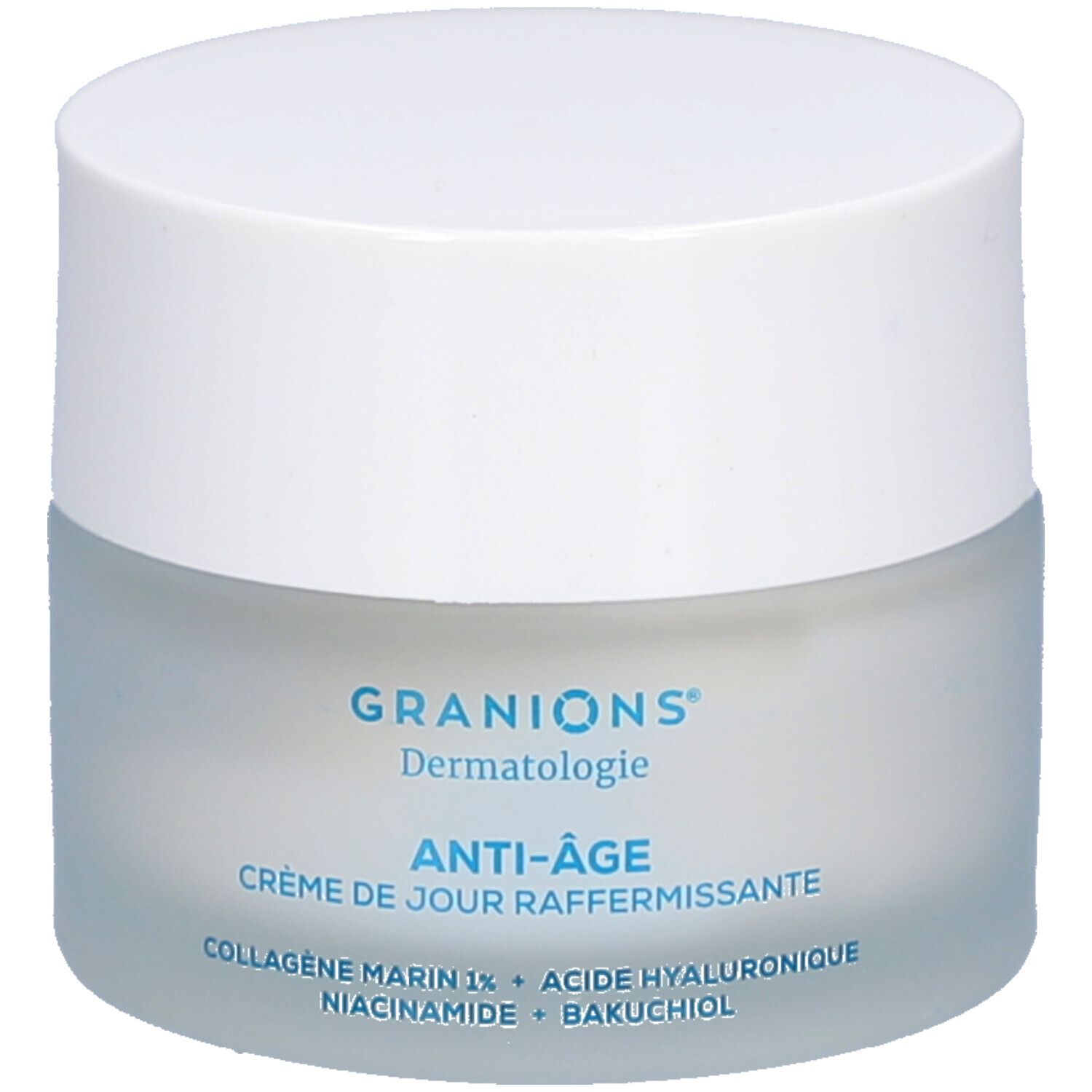 Creme-Tiegel mit weißem Deckel. Aufschrift: Granions Dermatologie, Anti-Âge, Crème de jour raffermissante. Inhaltsstoffe.