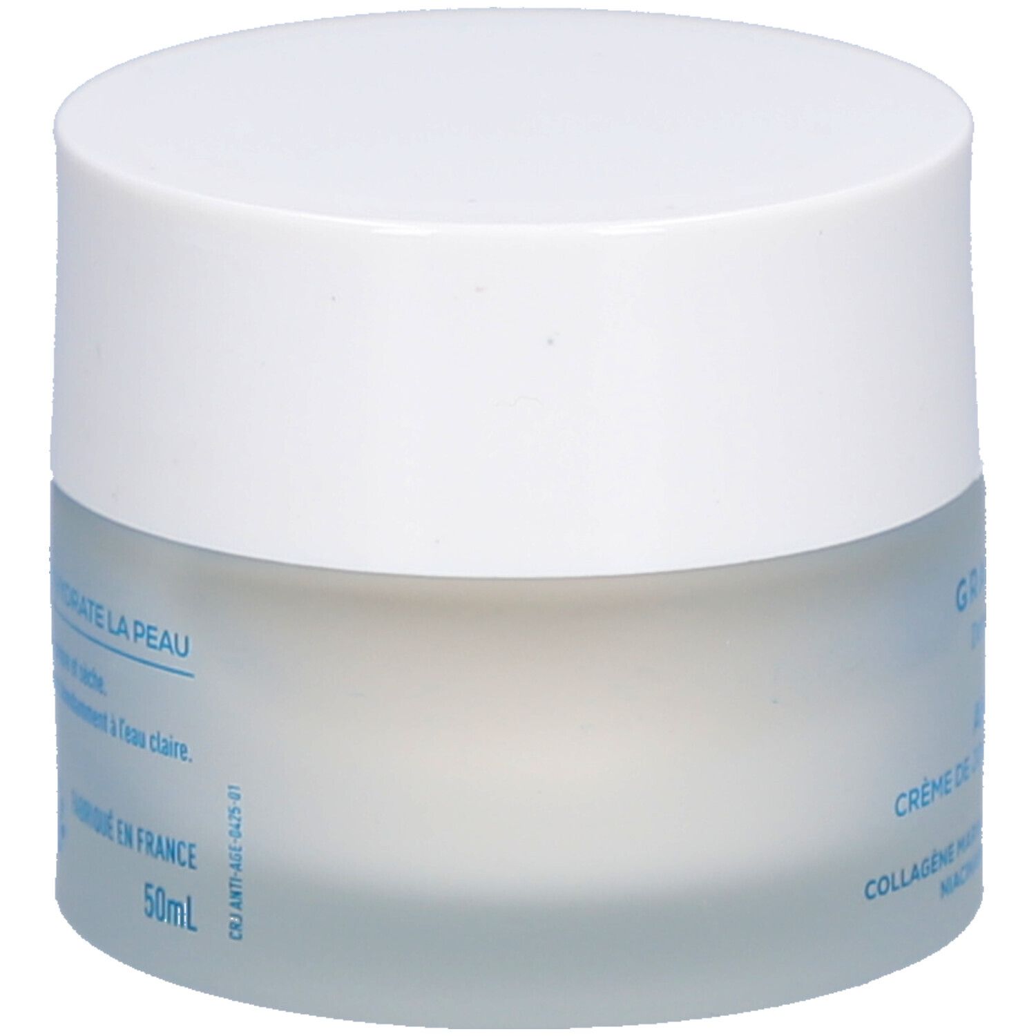 Creme-Tiegel mit weißem Deckel. Aufschrift: 50ml. Rückseite mit Text: hydrate la peau, Fabriqué en France.