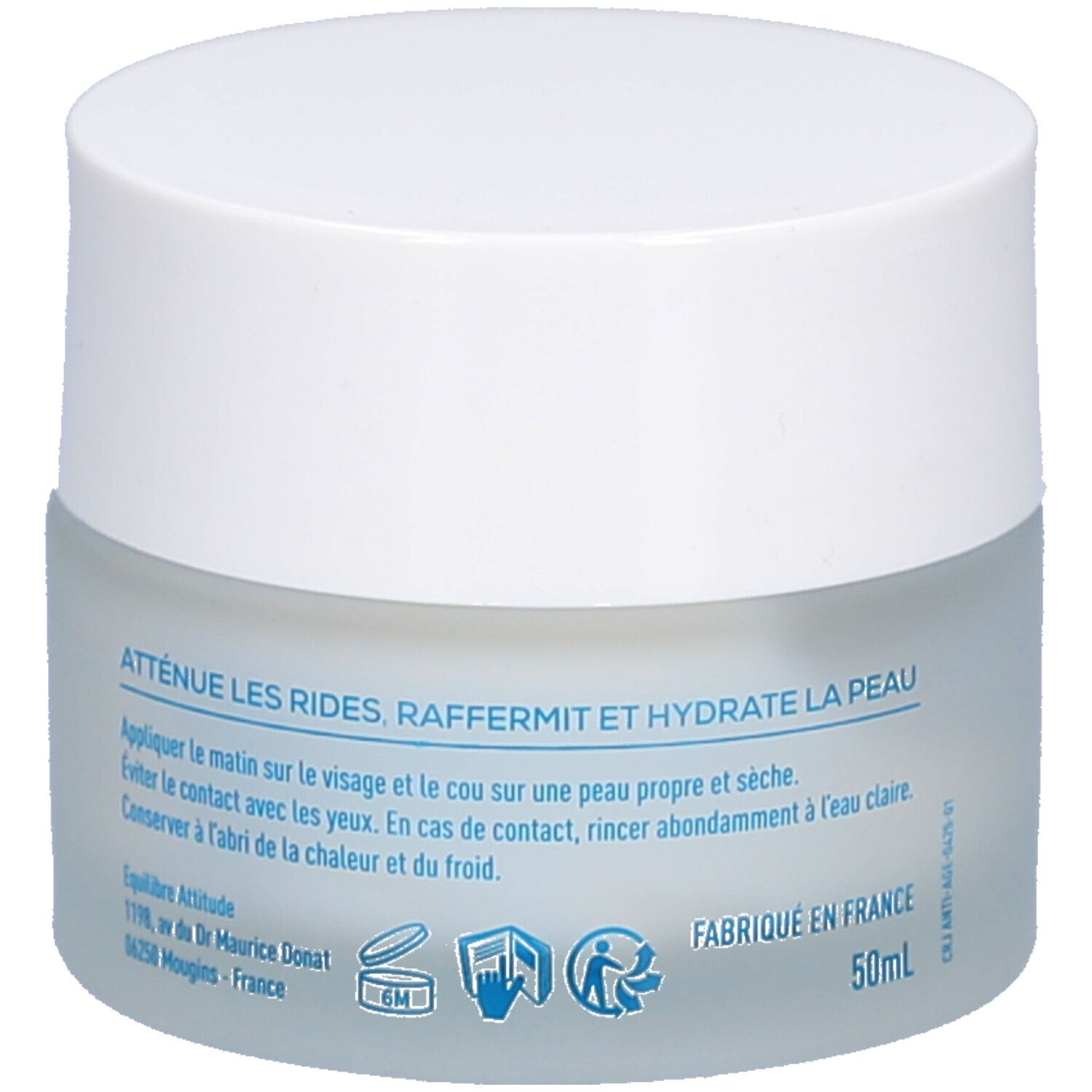 Creme-Tiegel mit weißem Deckel. Rückseite mit Text: Atténue les rides, raffermit et hydrate la peau. Fabriqué en France.