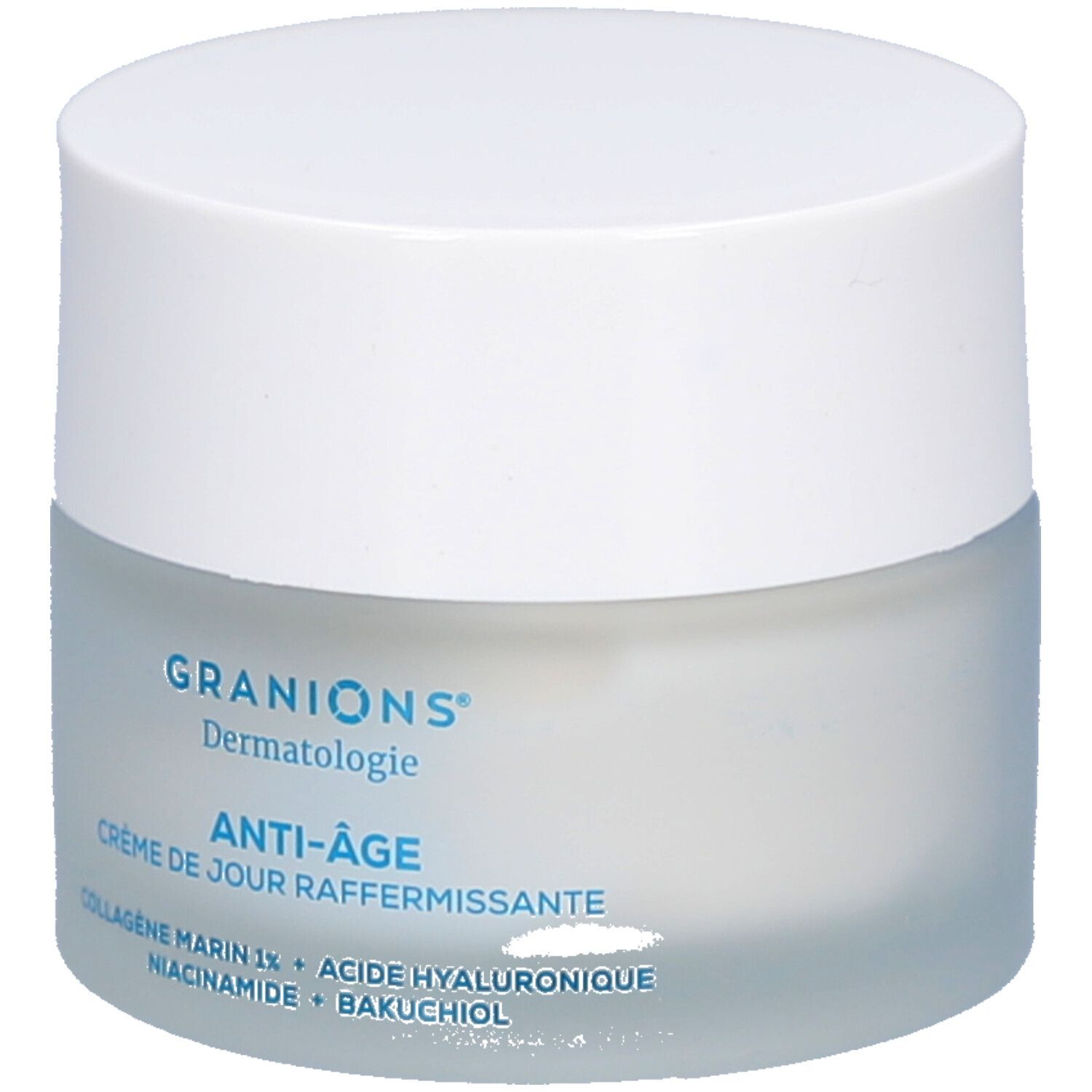 Creme-Tiegel mit weißem Deckel. Aufschrift: Granions Dermatologie, Anti-Âge, Crème de jour raffermissante. Inhaltsstoffe.