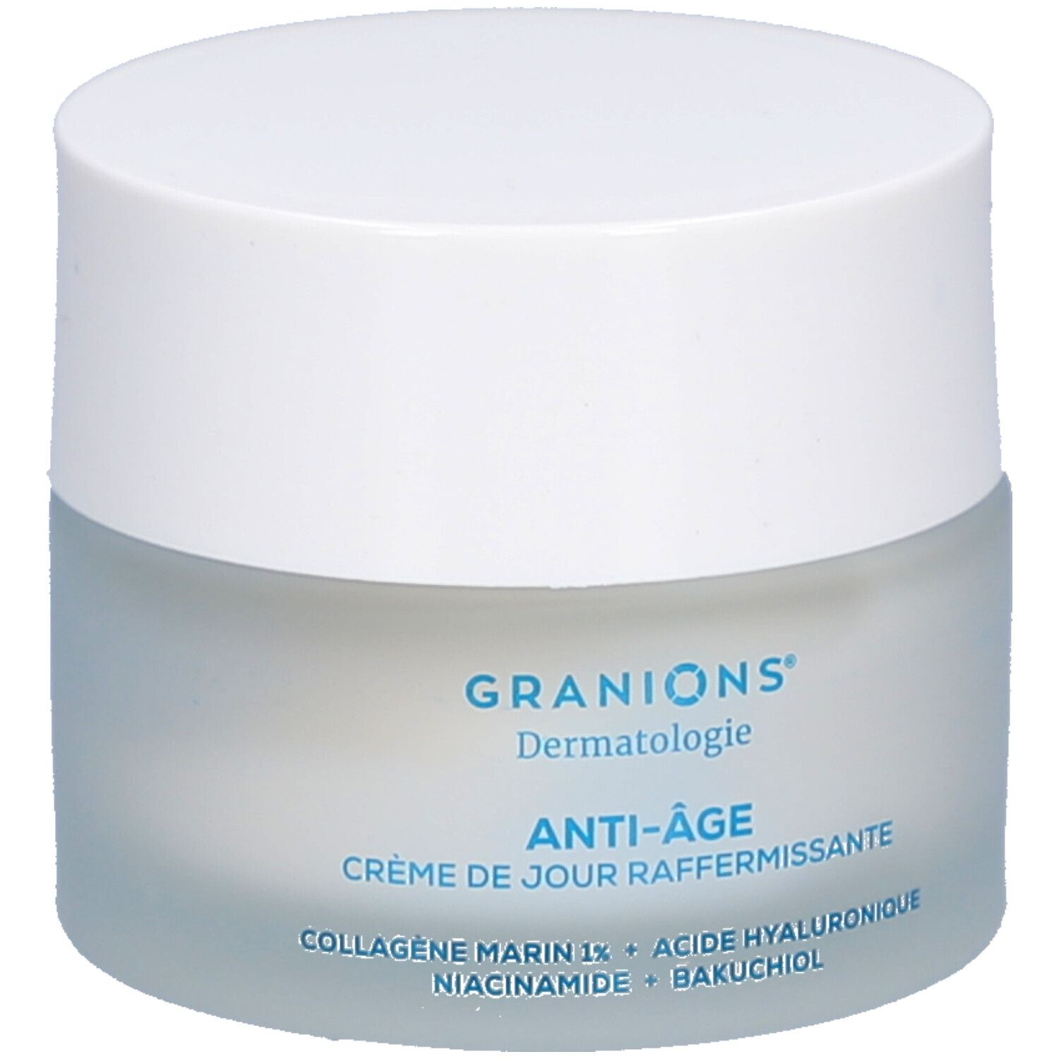 Creme-Tiegel mit weißem Deckel. Aufschrift: Granions Dermatologie, Anti-Âge, Crème de jour raffermissante. Inhaltsstoffe.