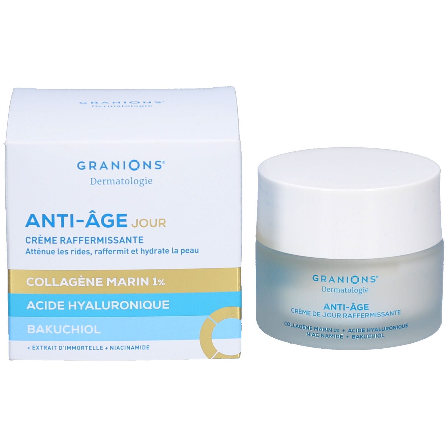 Produktverpackung und Creme-Tiegel. Aufschrift: Granions Dermatologie, Anti-Âge jour, Crème raffermissante. Inhaltsstoffe.