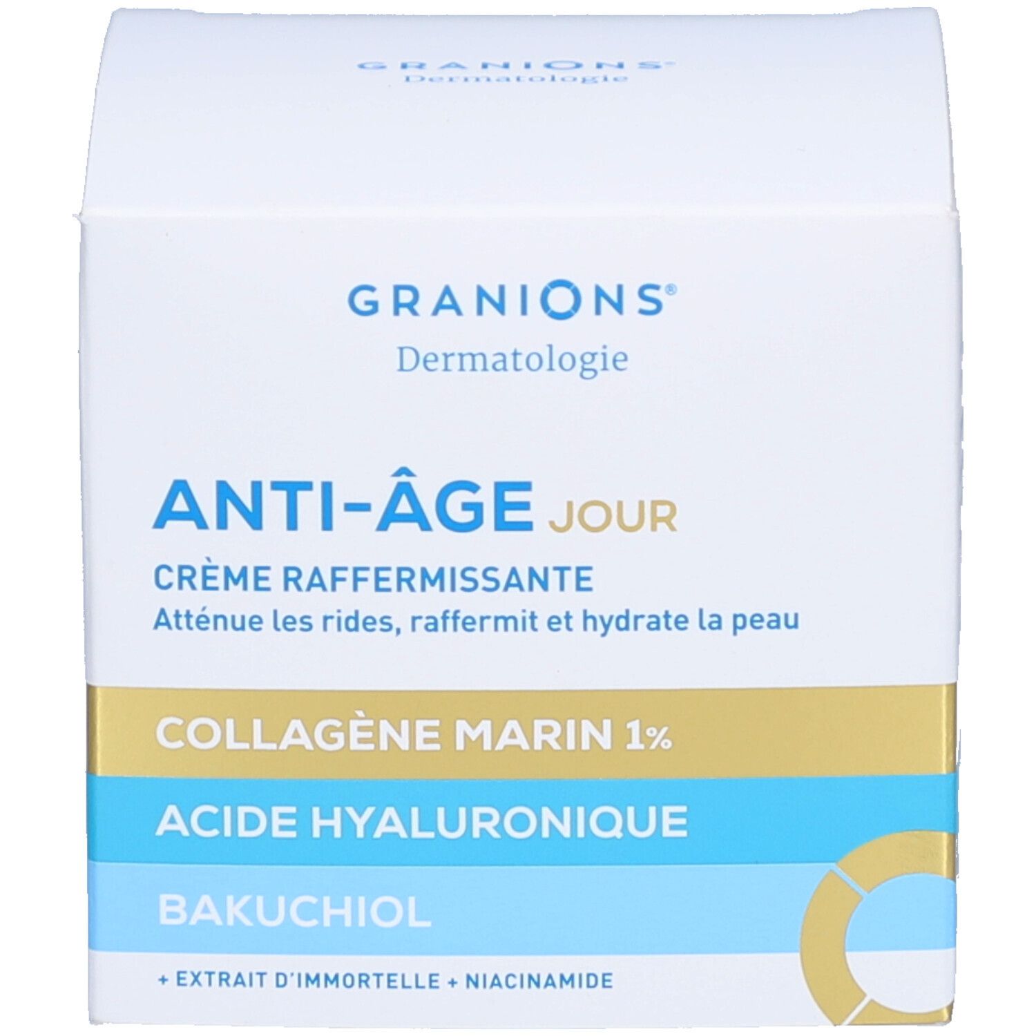 Produktverpackung. Aufschrift: Granions Dermatologie, Anti-Âge jour, Crème raffermissante. Inhaltsstoffe.