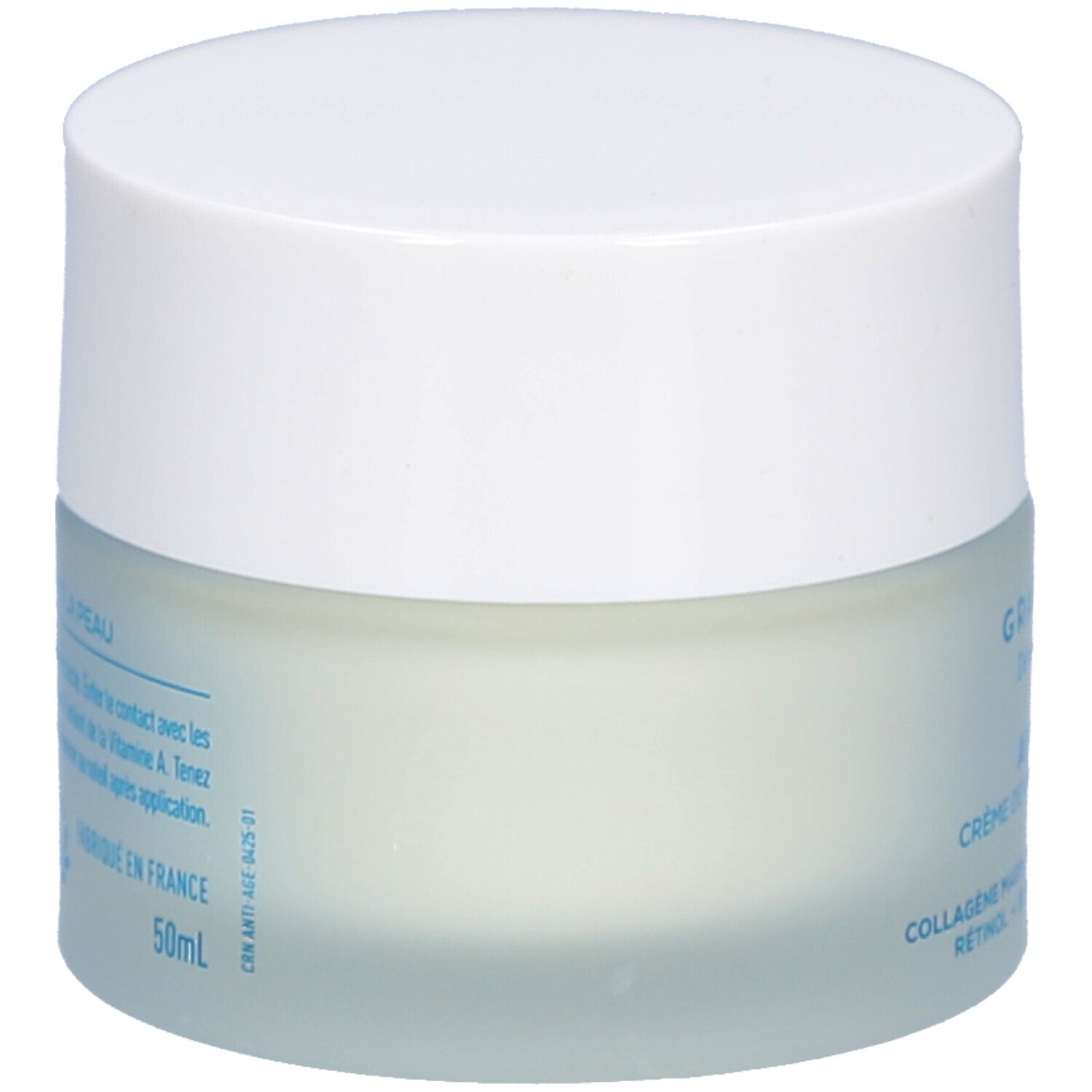 Pot de crème avec couvercle blanc. Inscriptions: Crème de nuit régénérante. Ingrédients. Fabriqué en France. Volume: 50ml.