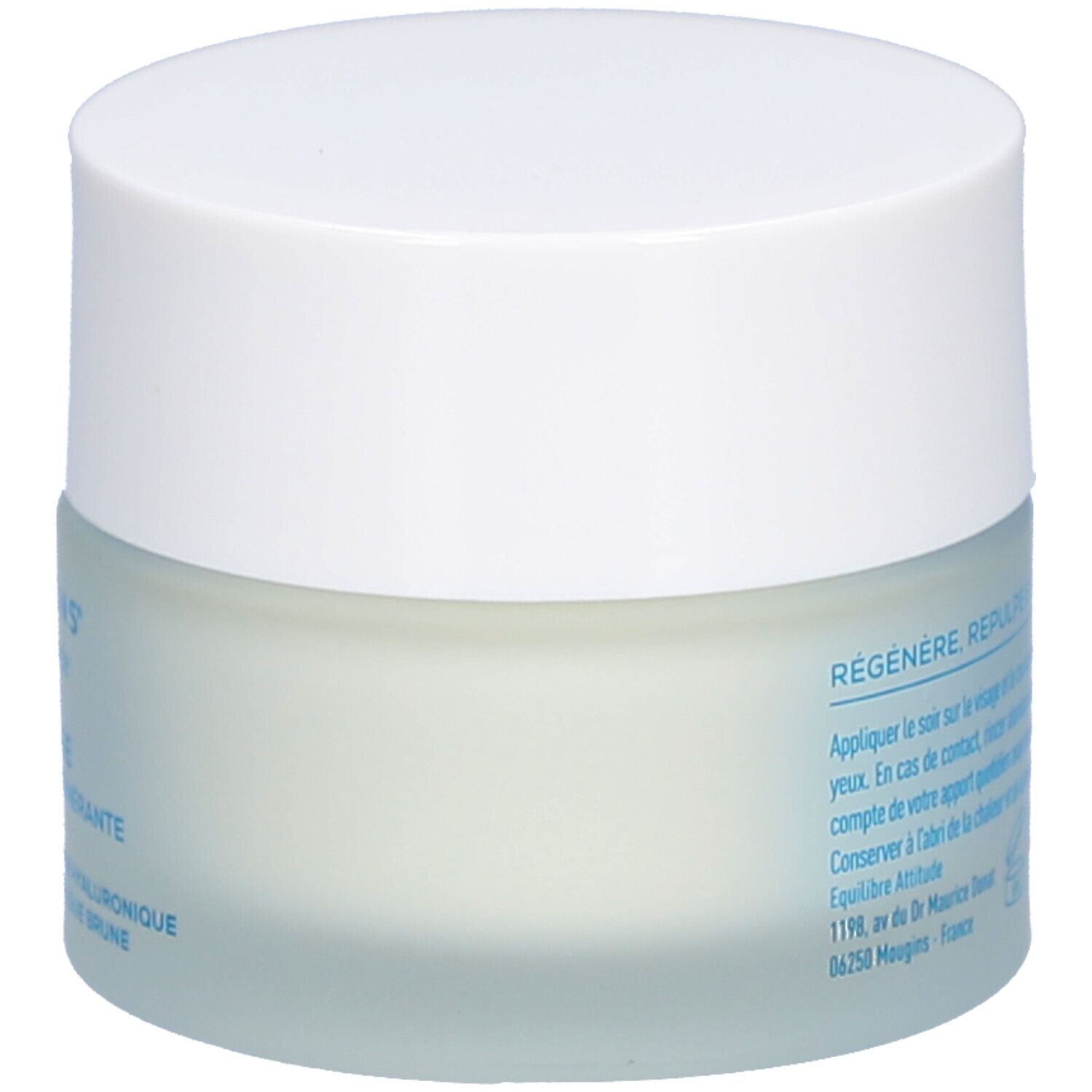 Pot de crème avec couvercle blanc. Inscriptions: Régénère, repulpe et nourrit la peau. Mode d'emploi. Fabriqué en France.