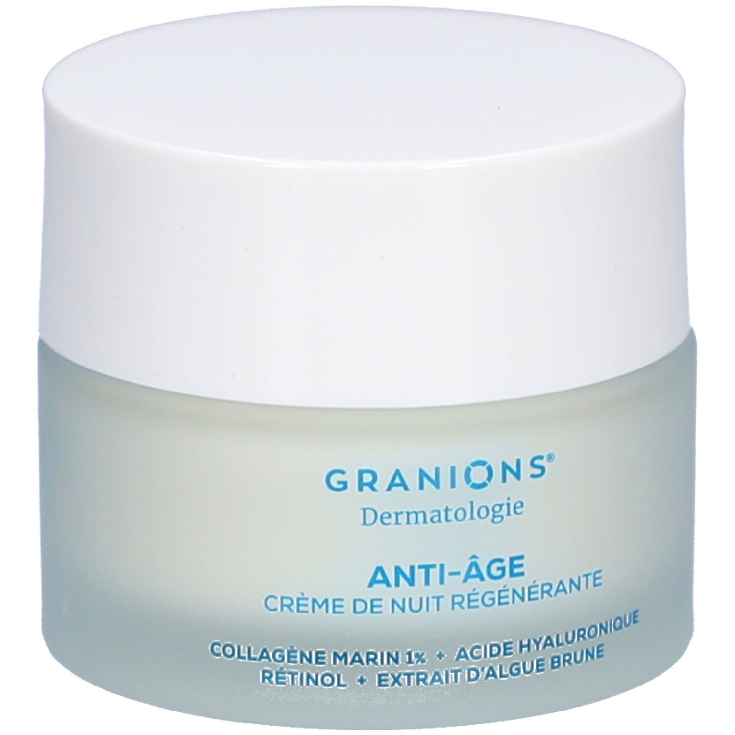 Pot de crème avec couvercle blanc. Inscriptions: GRANIONS Dermatologie, ANTI-ÂGE, Crème de nuit régénérante. Ingrédients.