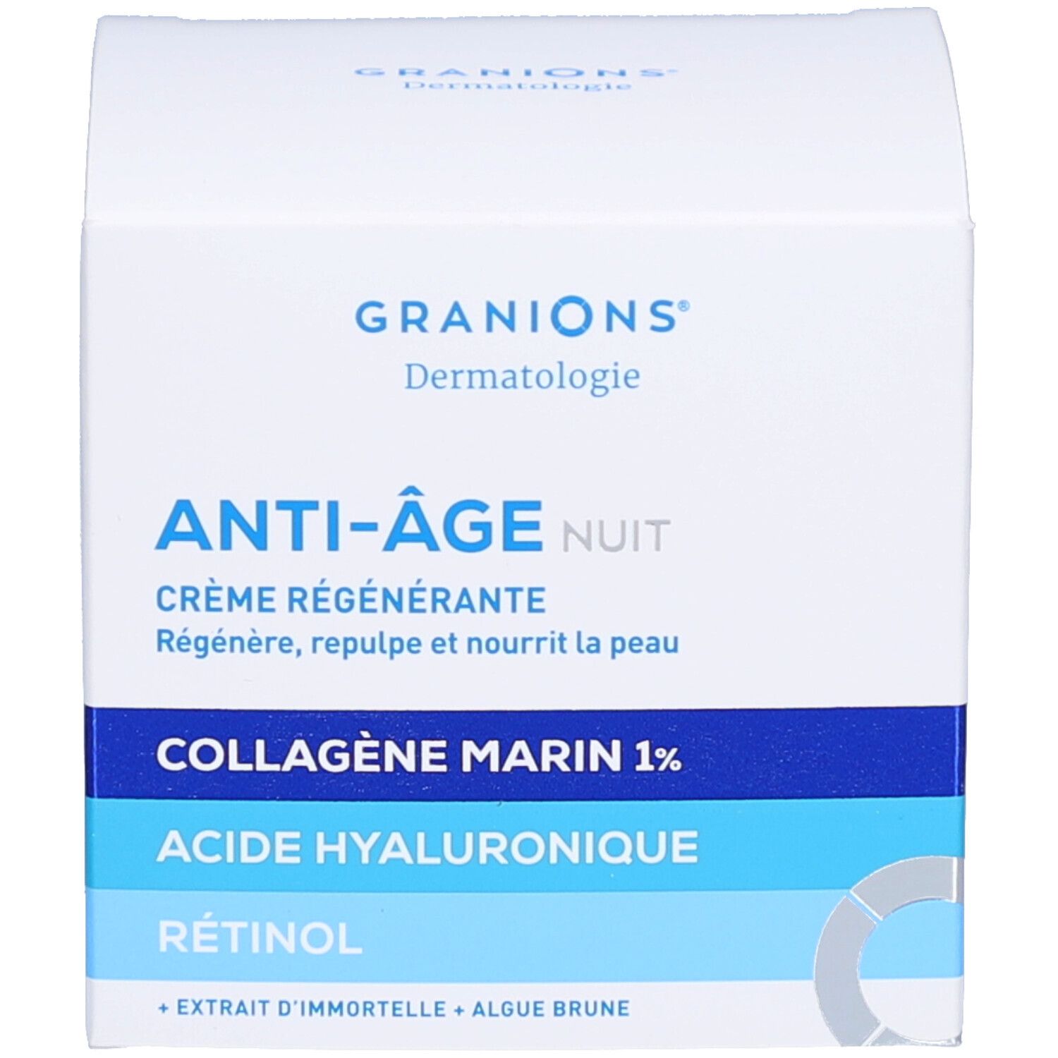 Emballage du produit. Inscriptions: GRANIONS Dermatologie, ANTI-ÂGE NUIT, Crème régénérante. Ingrédients.