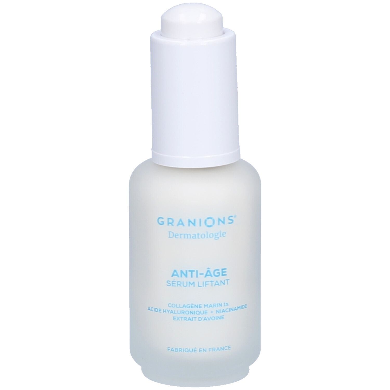 Flacon de sérum avec bouchon blanc. Inscription : Granions, Anti-Âge Sérum liftant. Contient collagène marin, acide hyaluronique et niacinamide.