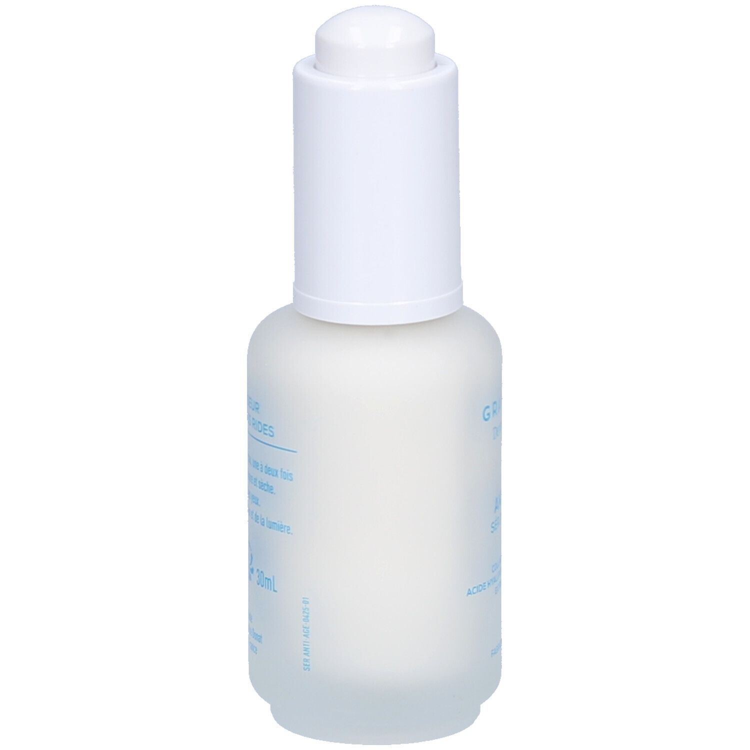 Dos du flacon de sérum. Inscription : Granions. Contient collagène marin, acide hyaluronique et niacinamide. Contenance : 30 ml.