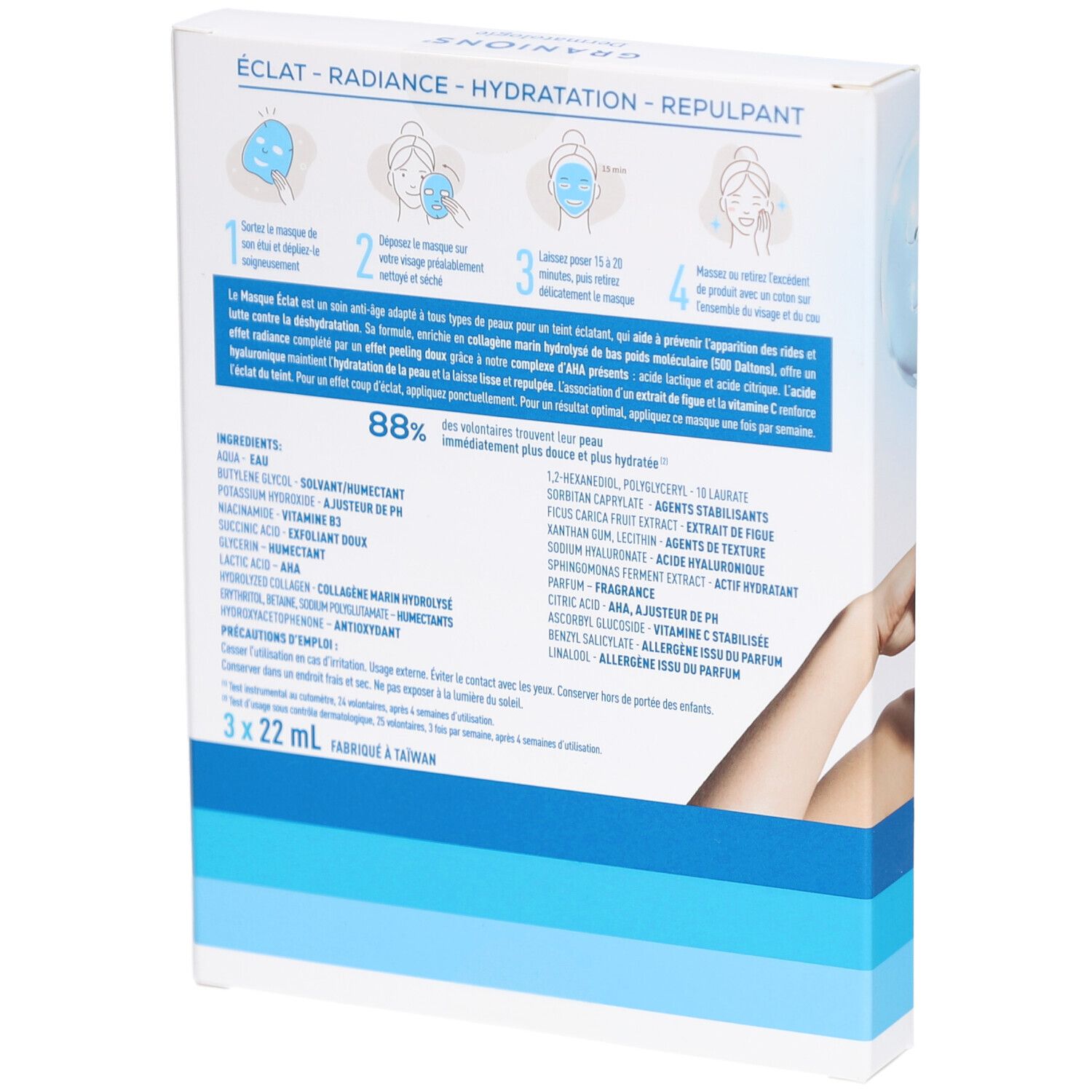 Dos de la boîte de masques anti-âge Granions. Contient ingrédients et instructions d'utilisation. 3 x 22 ml.