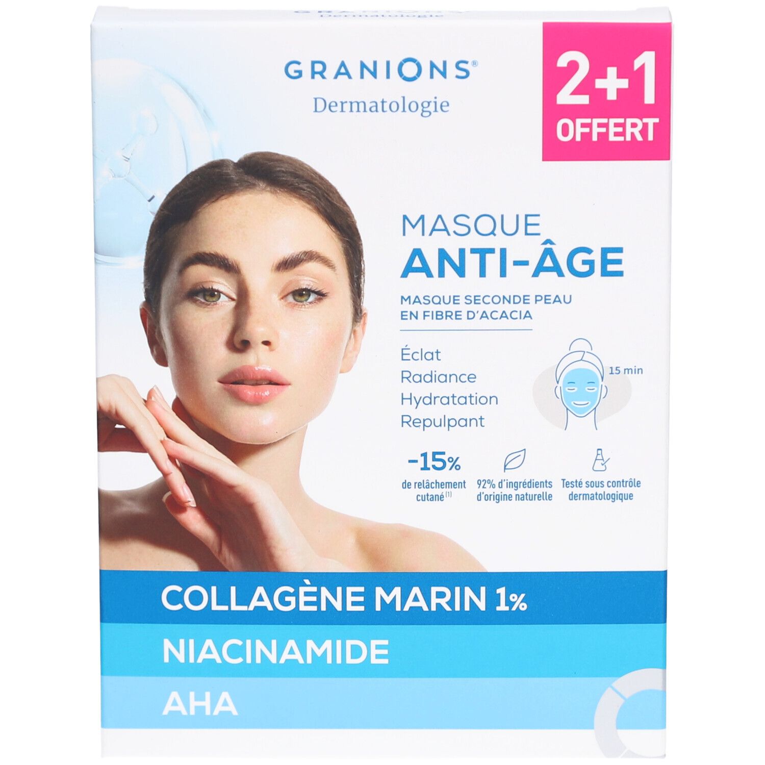 Boîte de masques anti-âge Granions. Inscription : 2+1 offert. Contient Collagène Marin 1%, Niacinamide, AHA. Visage de femme.