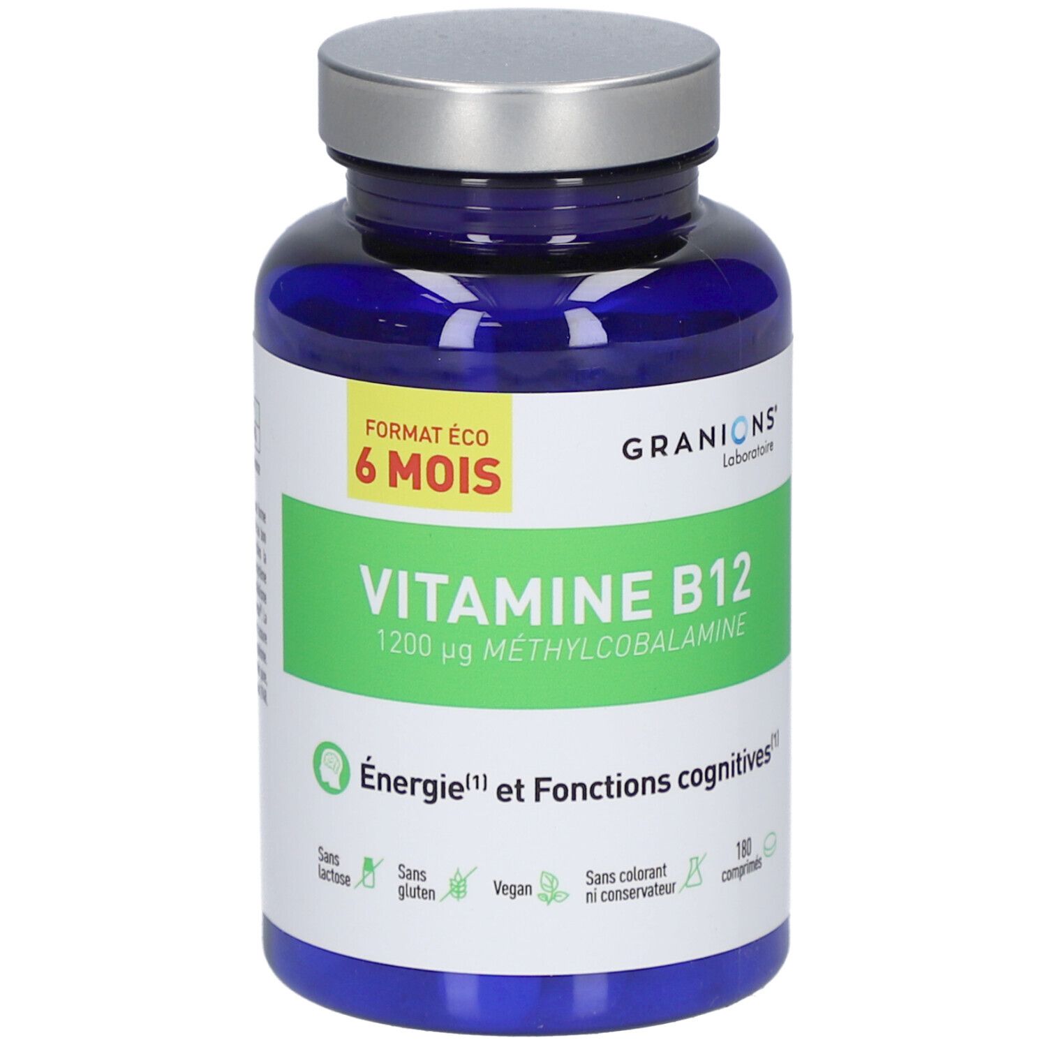 Blaue Flasche mit silbernem Deckel. Aufschrift: VITAMINE B12, 1200 µg METHYLCOBALAMINE. 180 Tabletten. Vegan.