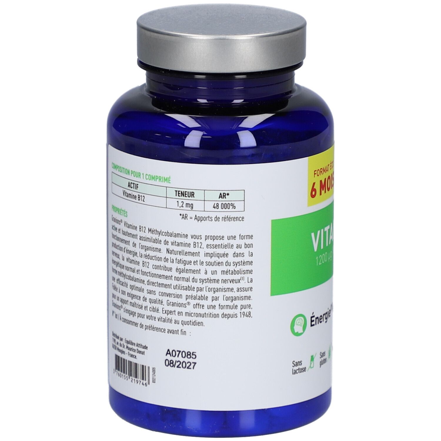 Rückseite der blauen Flasche. Text mit Inhaltsstoffen und Nährwertangaben. Haltbarkeit bis 08/2027.