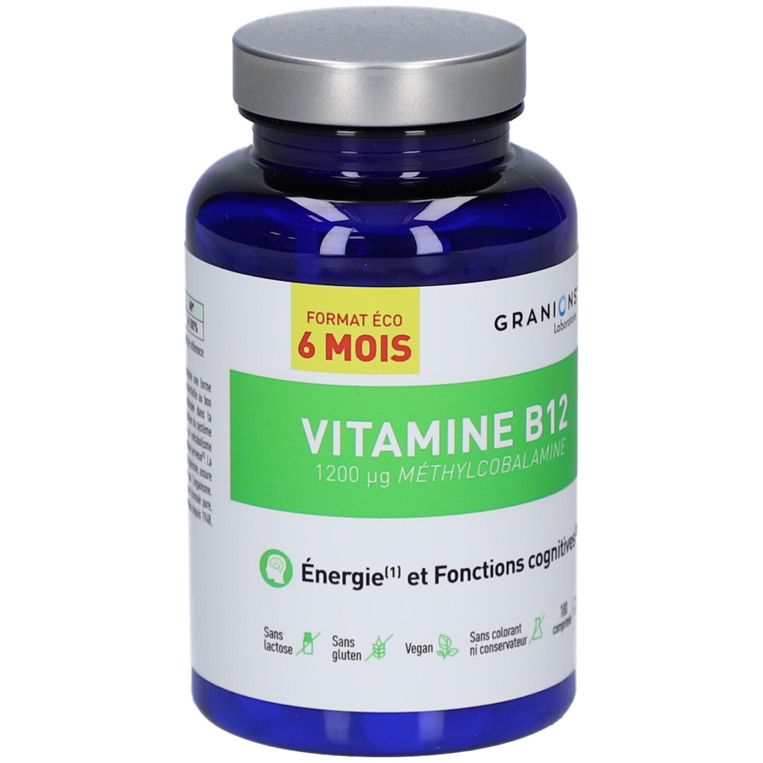 Blaue Flasche mit silbernem Deckel. Aufschrift: VITAMINE B12, 1200 µg METHYLCOBALAMINE. 180 Tabletten.