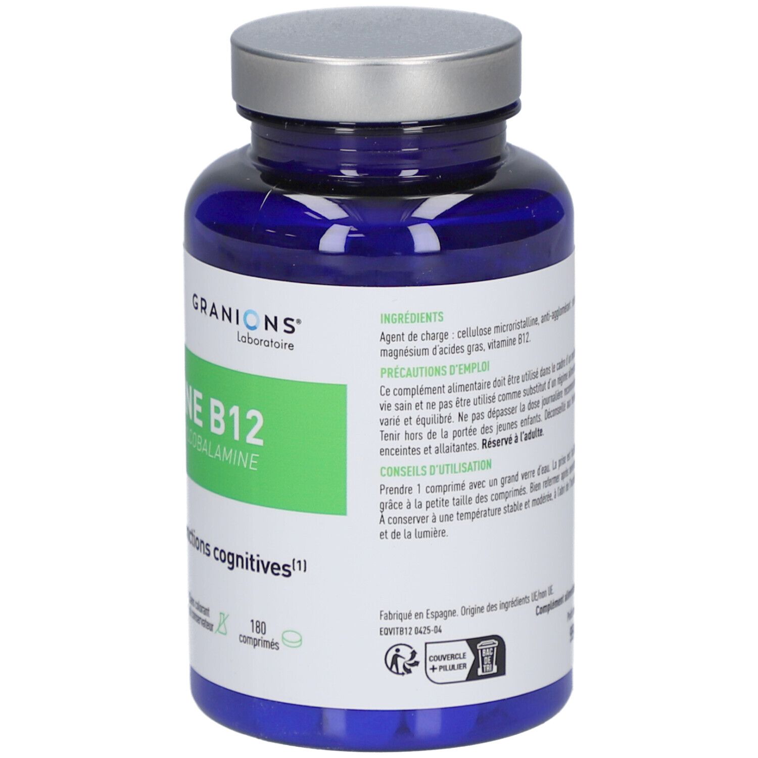 Blaue Flasche mit silbernem Deckel. Aufschrift: VITAMINE B12, 1200 µg METHYLCOBALAMINE. 180 Tabletten. Inhaltsstoffe.