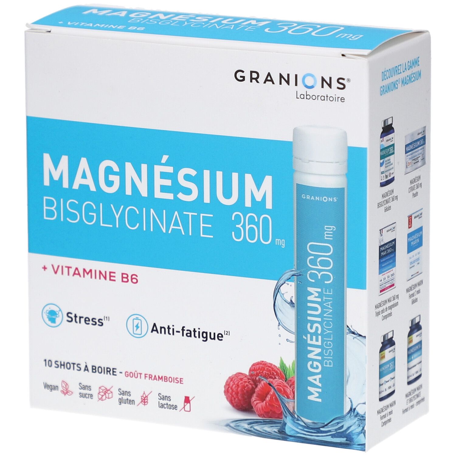 Karton mit GRANIONS Magnesium Bisglycinat 360 mg. Enthält 10 Shots. Blaue und weiße Verpackung mit Himbeeren.
