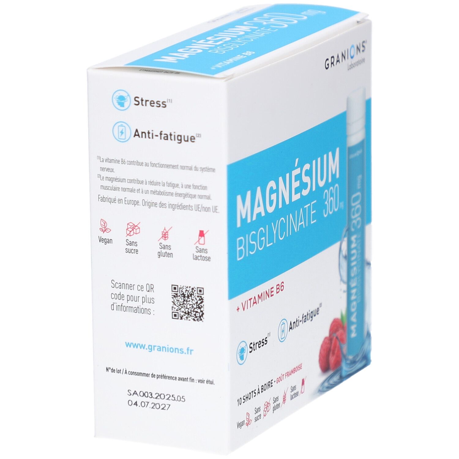 Rückseite der Schachtel mit GRANIONS Magnesium Bisglycinat 360 mg. Enthält Informationen und QR-Code.