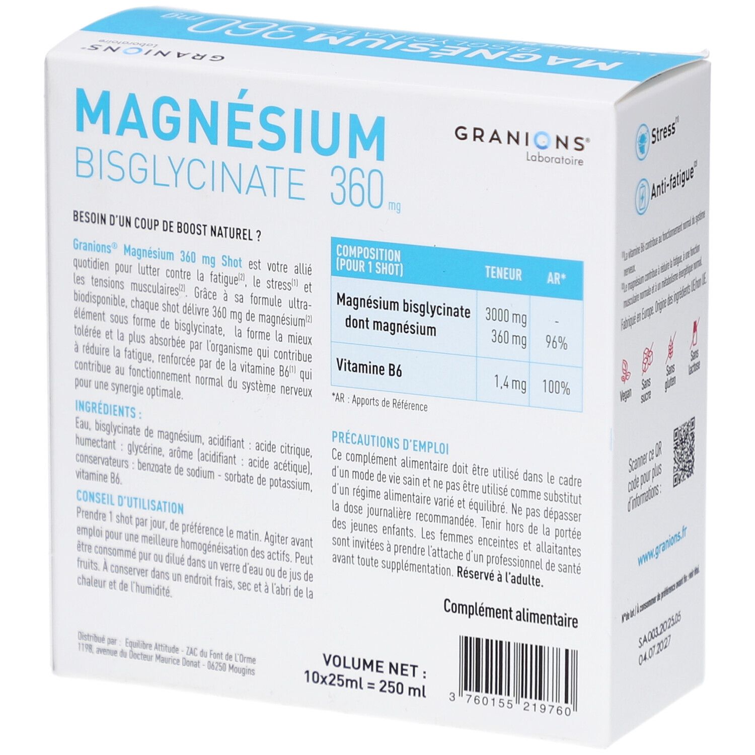 Schachtel mit GRANIONS Magnesium Bisglycinat 360 mg. Enthält Informationen zu Inhaltsstoffen und Anwendung.