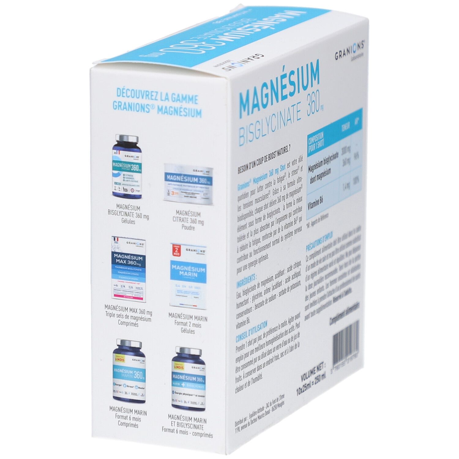 Rückseite der Schachtel mit GRANIONS Magnesium Bisglycinat 360 mg. Zeigt andere Produkte der Marke.