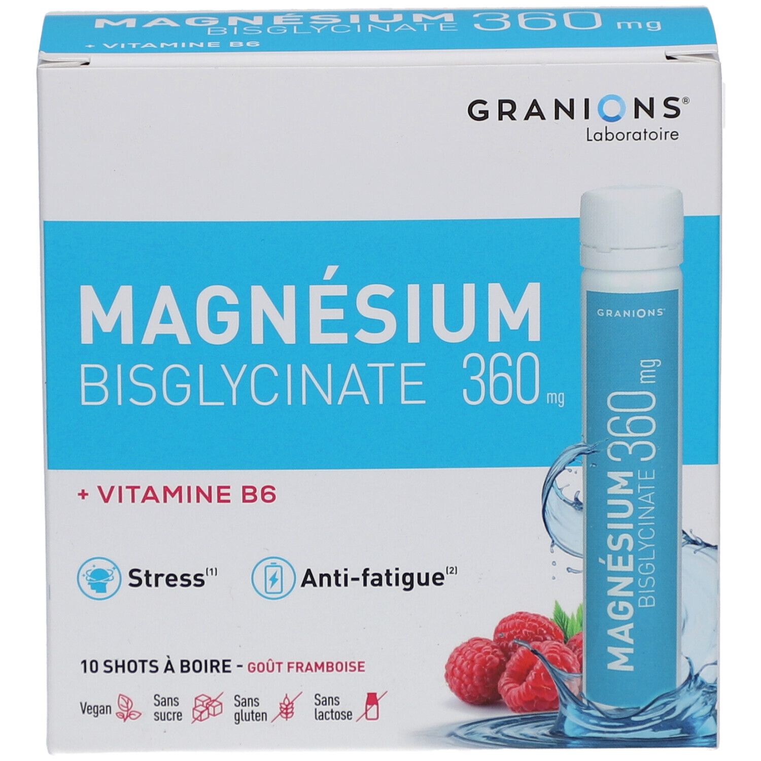 Karton mit GRANIONS Magnesium Bisglycinat 360 mg. Enthält 10 Shots. Blaue und weiße Verpackung mit Himbeeren.