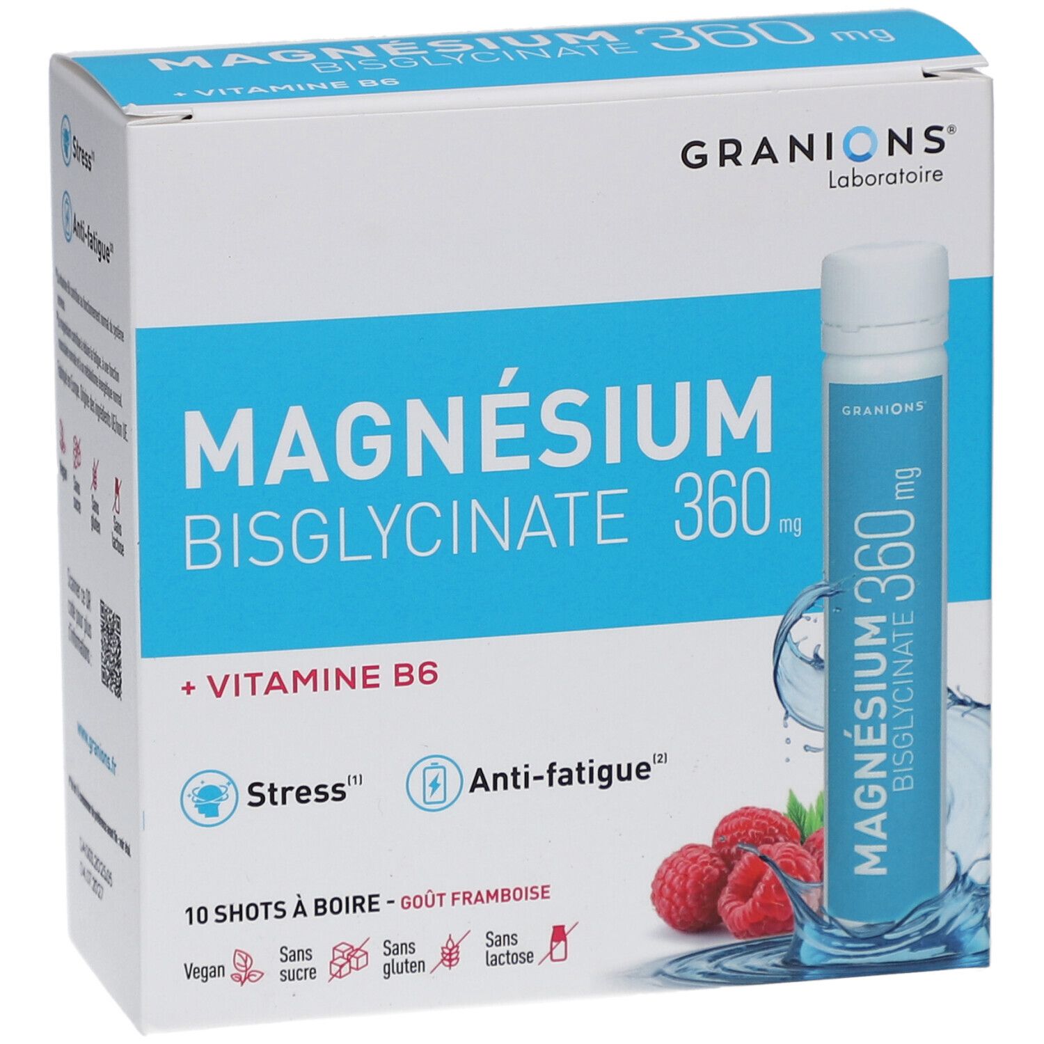 Karton mit GRANIONS Magnesium Bisglycinat 360 mg. Enthält 10 Shots. Blaue und weiße Verpackung mit Himbeeren.