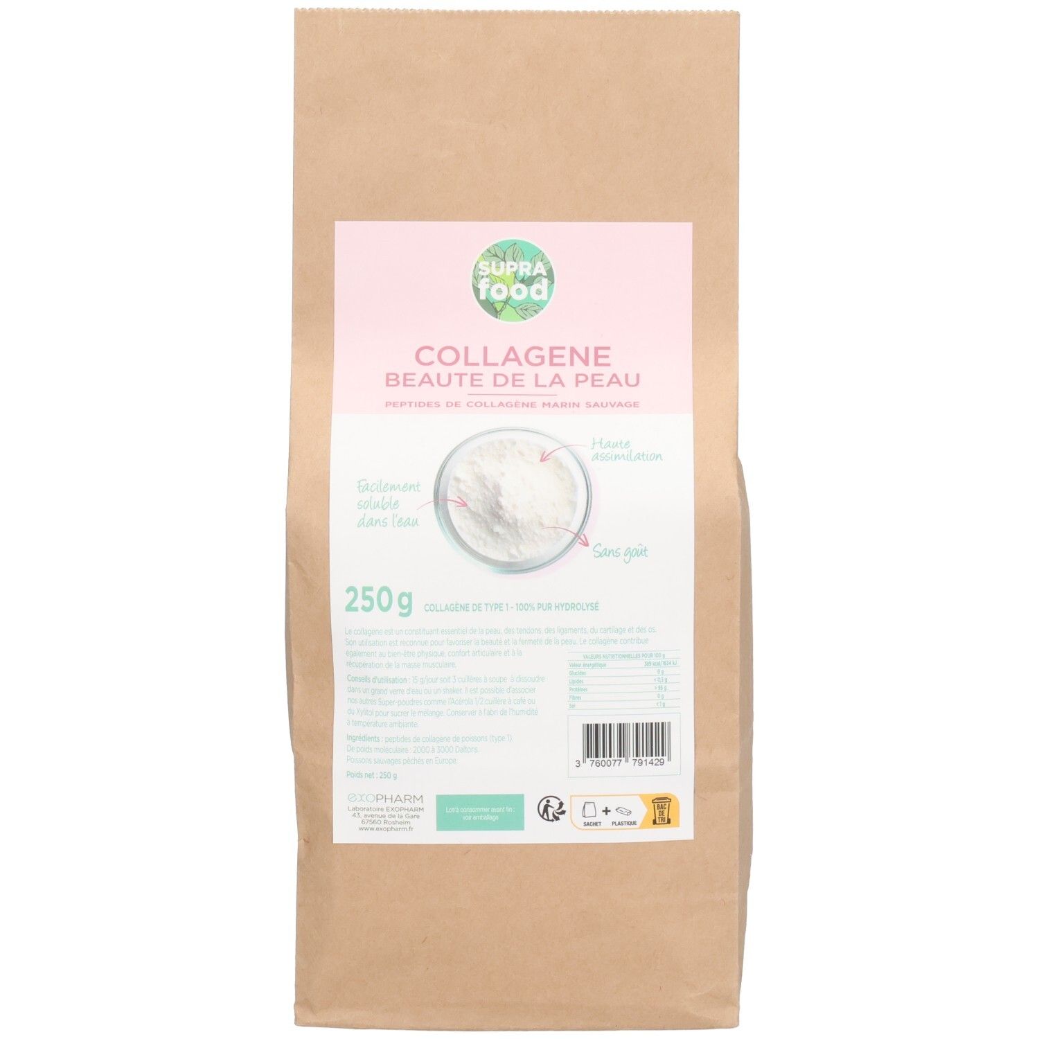 Beutel mit rosa Etikett. Text: SUPRAFOOD, COLLAGENE, 250g. Abbildung von Pulver. Grün-weiße Zertifizierungen.