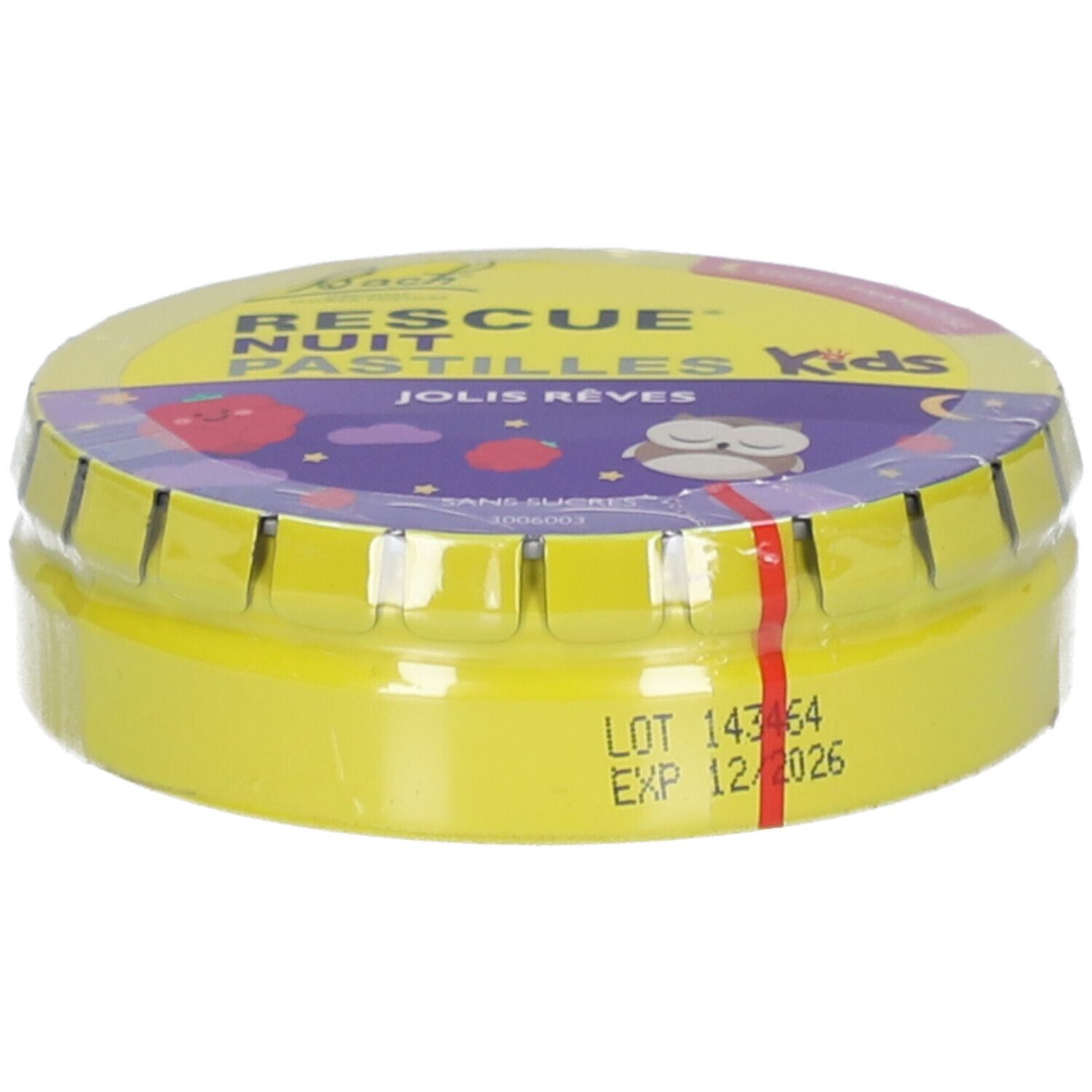 Boîte jaune avec inscription BACH Rescue Nuit Pastilles Kids Jolis Rêves. Date de péremption 12/2026.