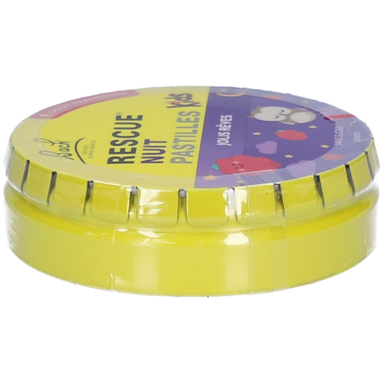 Boîte jaune avec inscription BACH Rescue Nuit Pastilles Kids Jolis Rêves. Boîte emballée dans du film plastique.