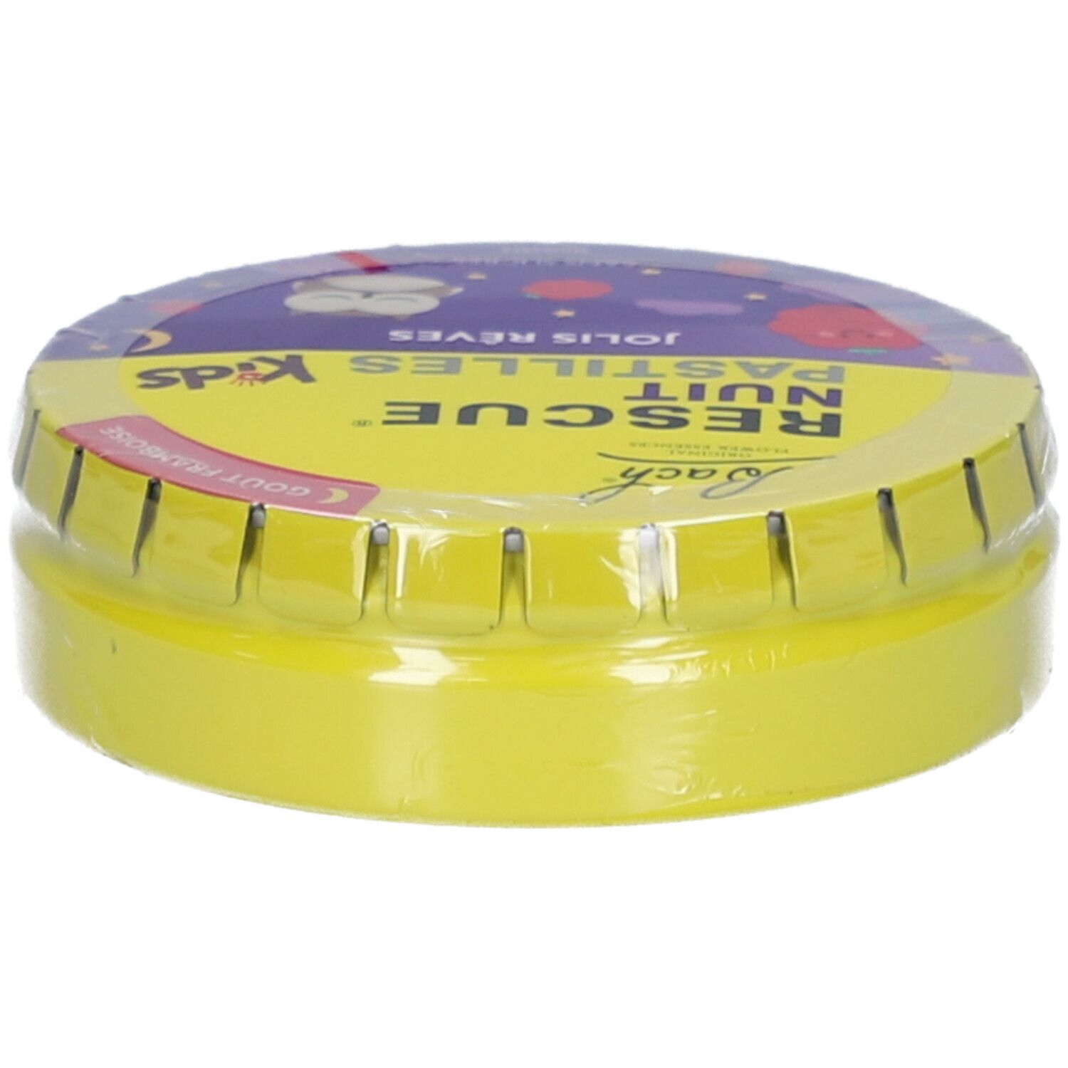 Boîte jaune avec inscription BACH Rescue Nuit Pastilles Kids Jolis Rêves. Boîte emballée dans du film plastique.