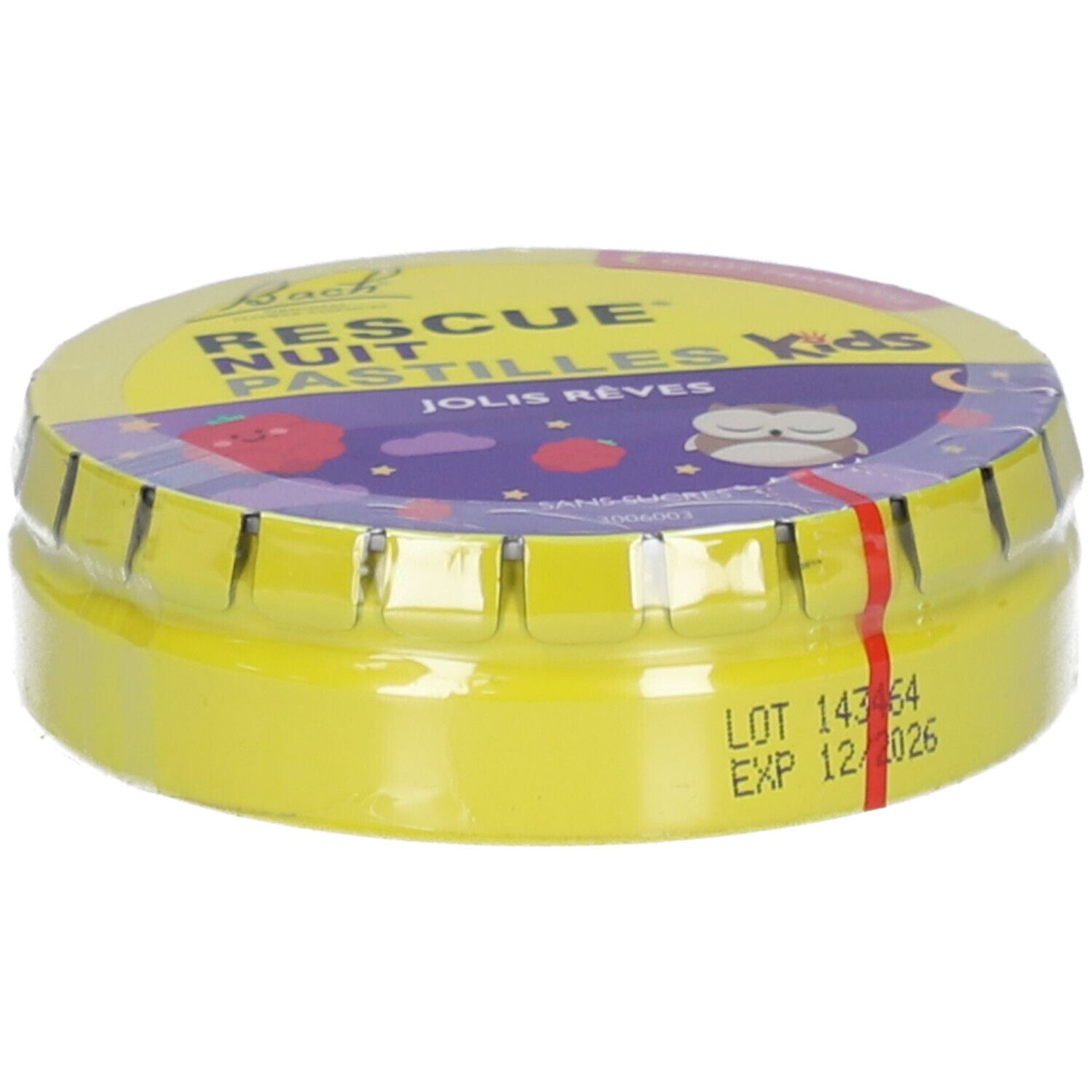 Boîte jaune avec inscription BACH Rescue Nuit Pastilles Kids Jolis Rêves. Date de péremption 12/2026.