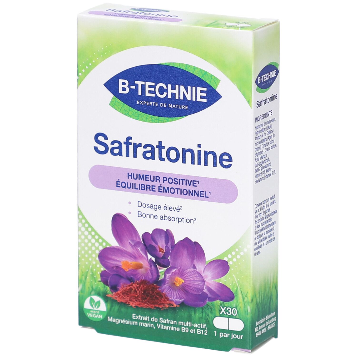Boîte de B-TECHNIE SAFRATONINE GELUL 30. Inscription Safratonine, Humour Positive, Équilibre Émotionnel. Illustration de fleurs de safran.