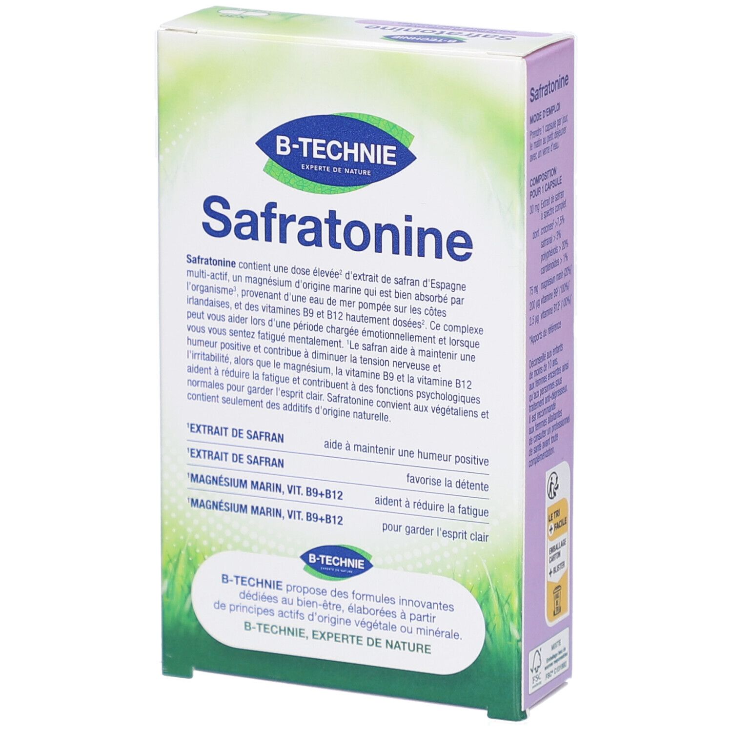 Dos de la boîte B-TECHNIE SAFRATONINE GELUL 30. Informations textuelles et logo. Palette de couleurs verte et blanche.