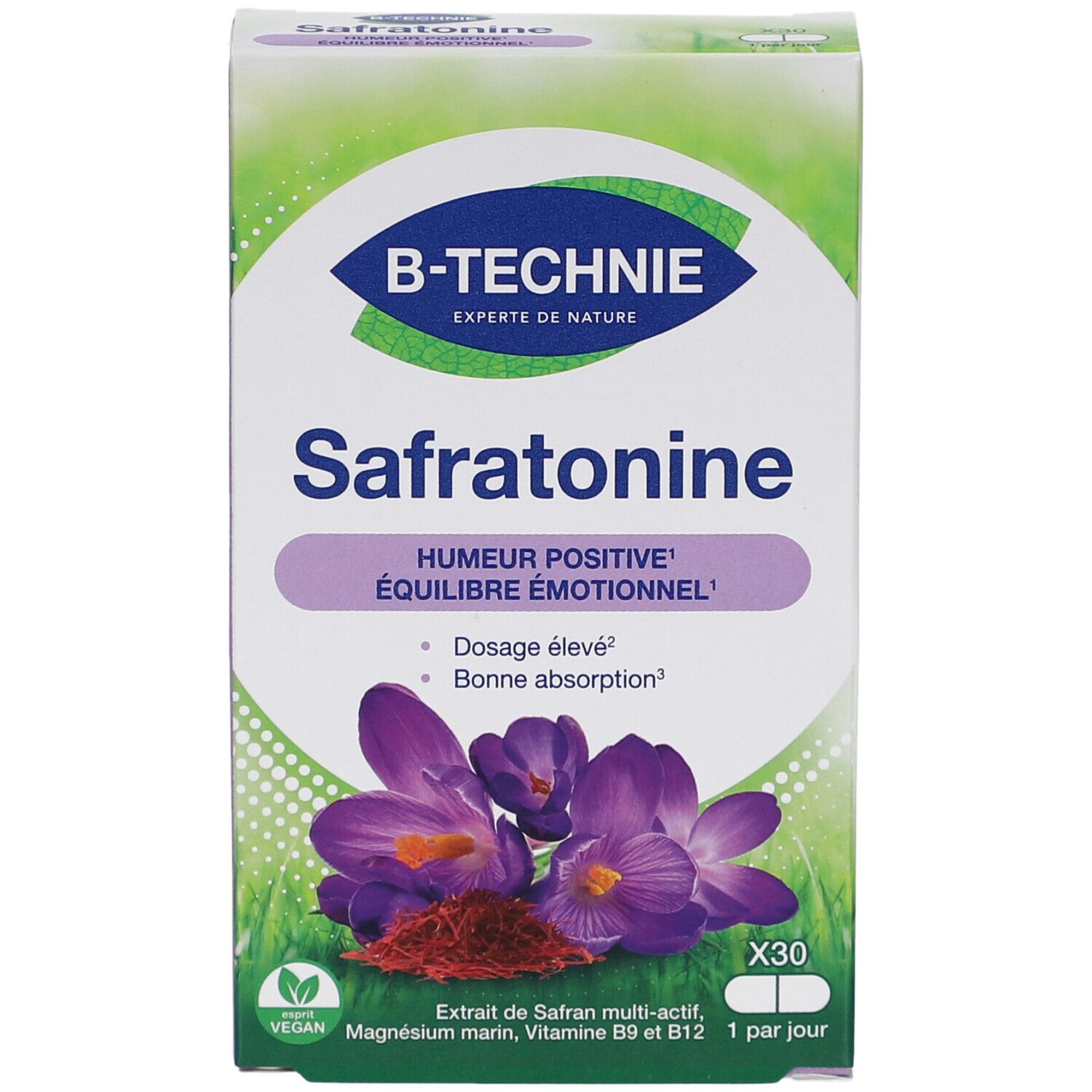 Vue de face de la boîte B-TECHNIE SAFRATONINE GELUL 30. Texte Safratonine, Humour Positive, Équilibre Émotionnel. Illustration de fleurs de safran.