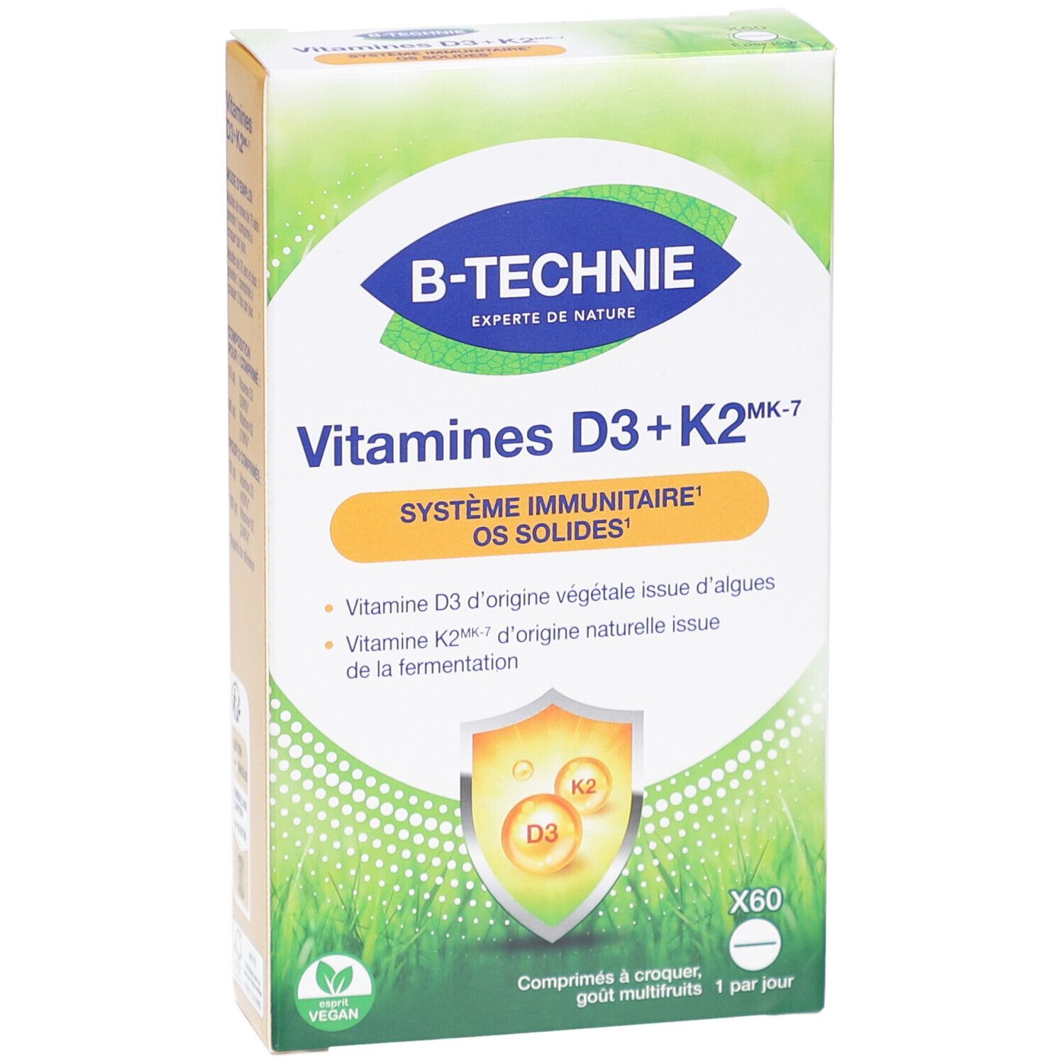 Vue de face de la boîte B-TECHNIE Vitamines D3+K2. Design vert et blanc. Contient 60 comprimés. Vegan.