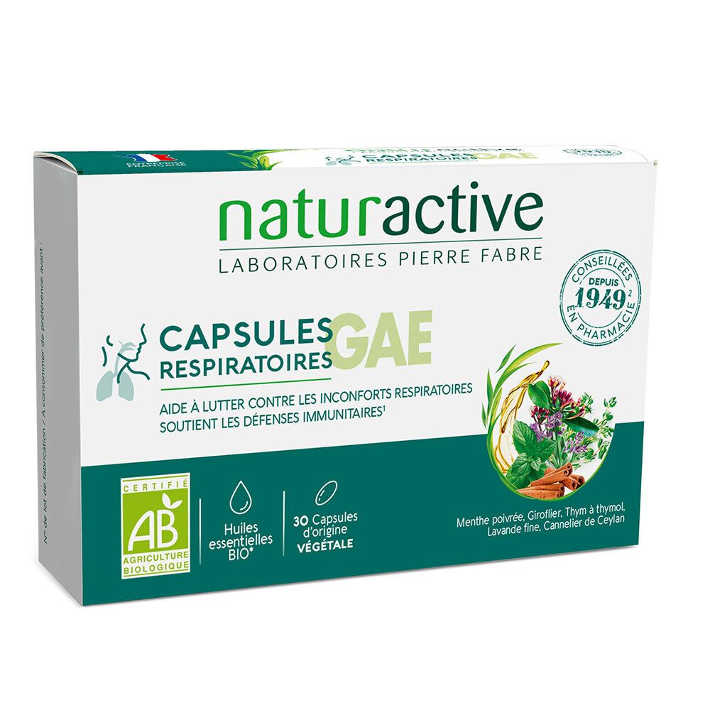 Boîte blanche et verte. Texte: naturactive, CAPSULES RESPIRATOIRES GAE, 30 capsules végétales. Certification AB.