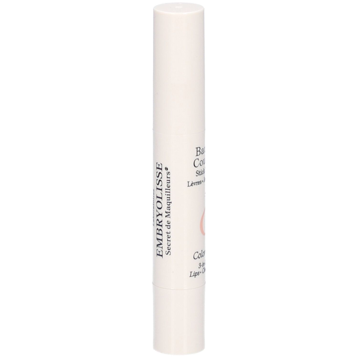 Weißer Lippenbalsam-Stick. Aufschrift: EMBRYOLISSE, Baume Couleur Stick 3 en 1, Farbe Rose Framboise.