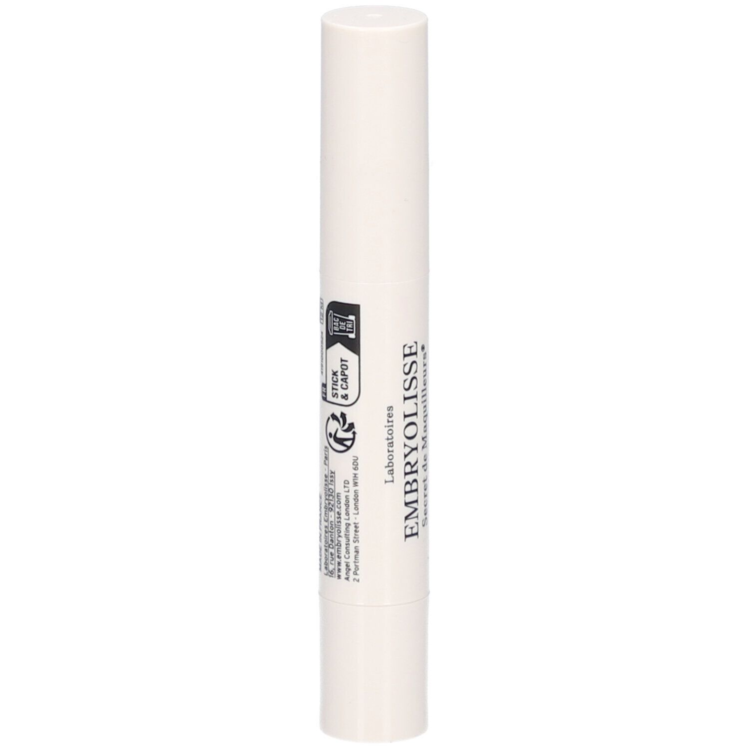 Weißer Lippenbalsam-Stick. Aufschrift: EMBRYOLISSE, Baume Couleur Stick 3 en 1, Farbe Rose Framboise. Mit Recycling-Symbolen.