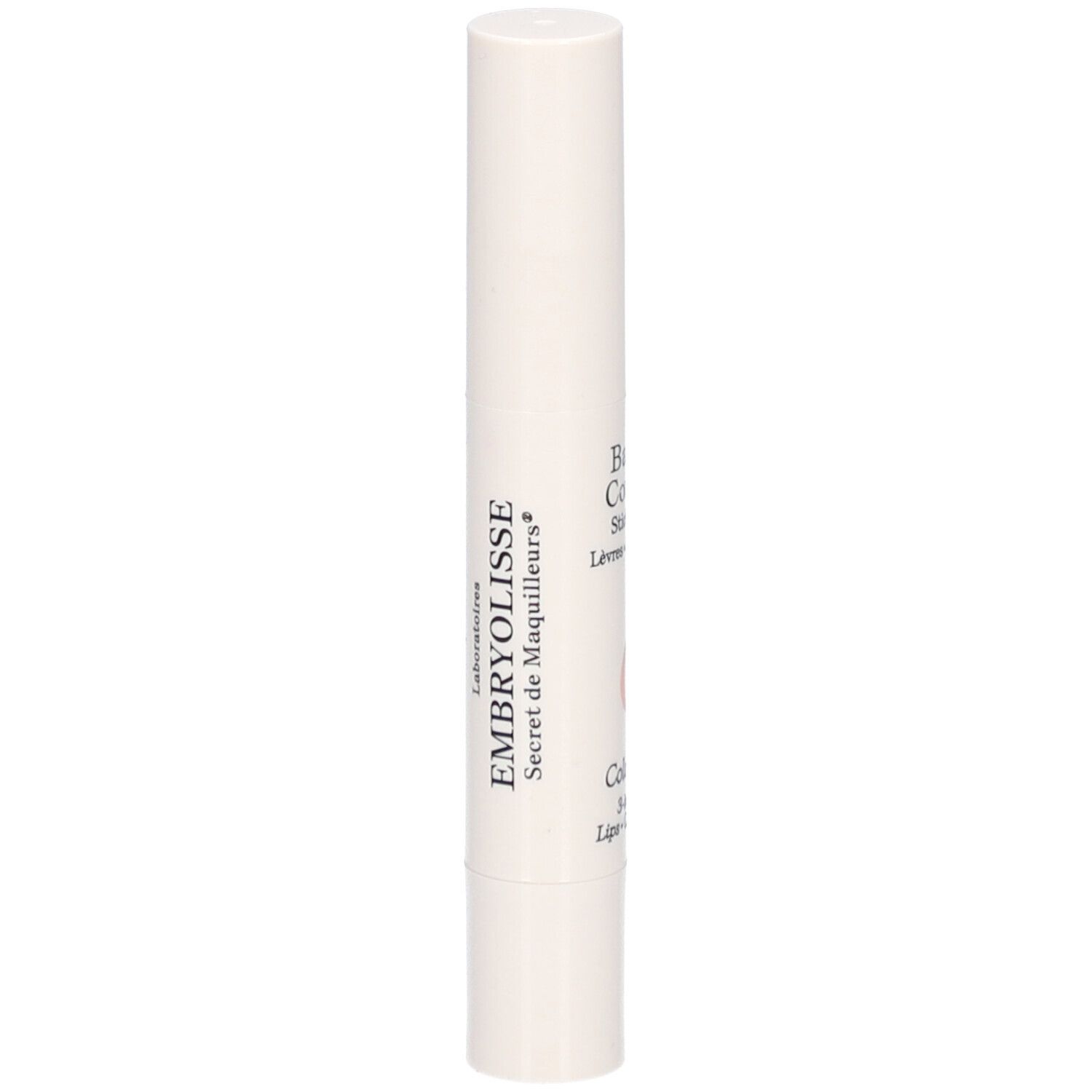 Weißer Lippenbalsam-Stick. Aufschrift: EMBRYOLISSE, Baume Couleur Stick 3 en 1, Farbe Rose Framboise.