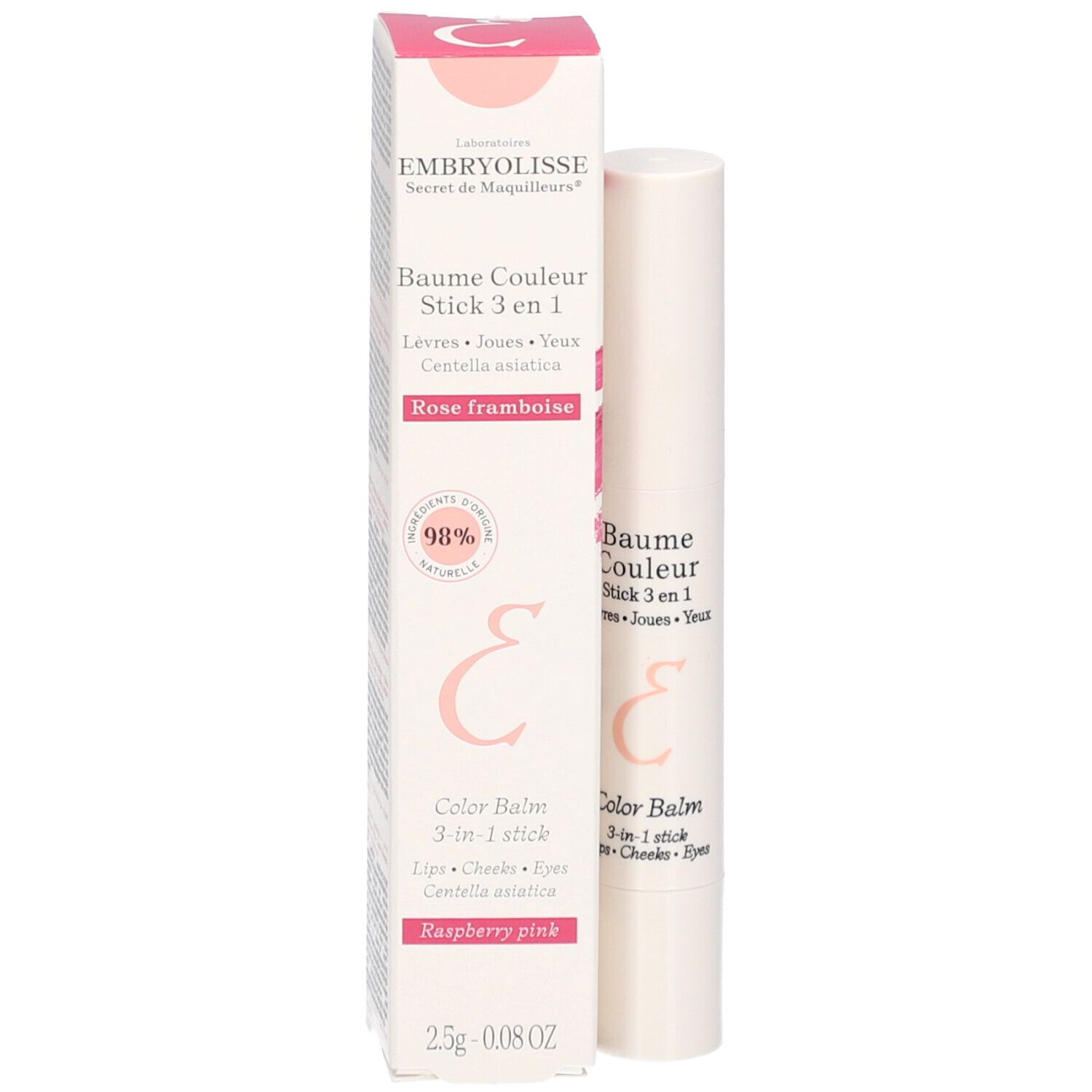 Produktverpackung mit Lippenbalsam-Stick. Aufschrift: EMBRYOLISSE, Baume Couleur Stick 3 en 1, Rose Framboise. Mit Logo und Inhaltsangabe.