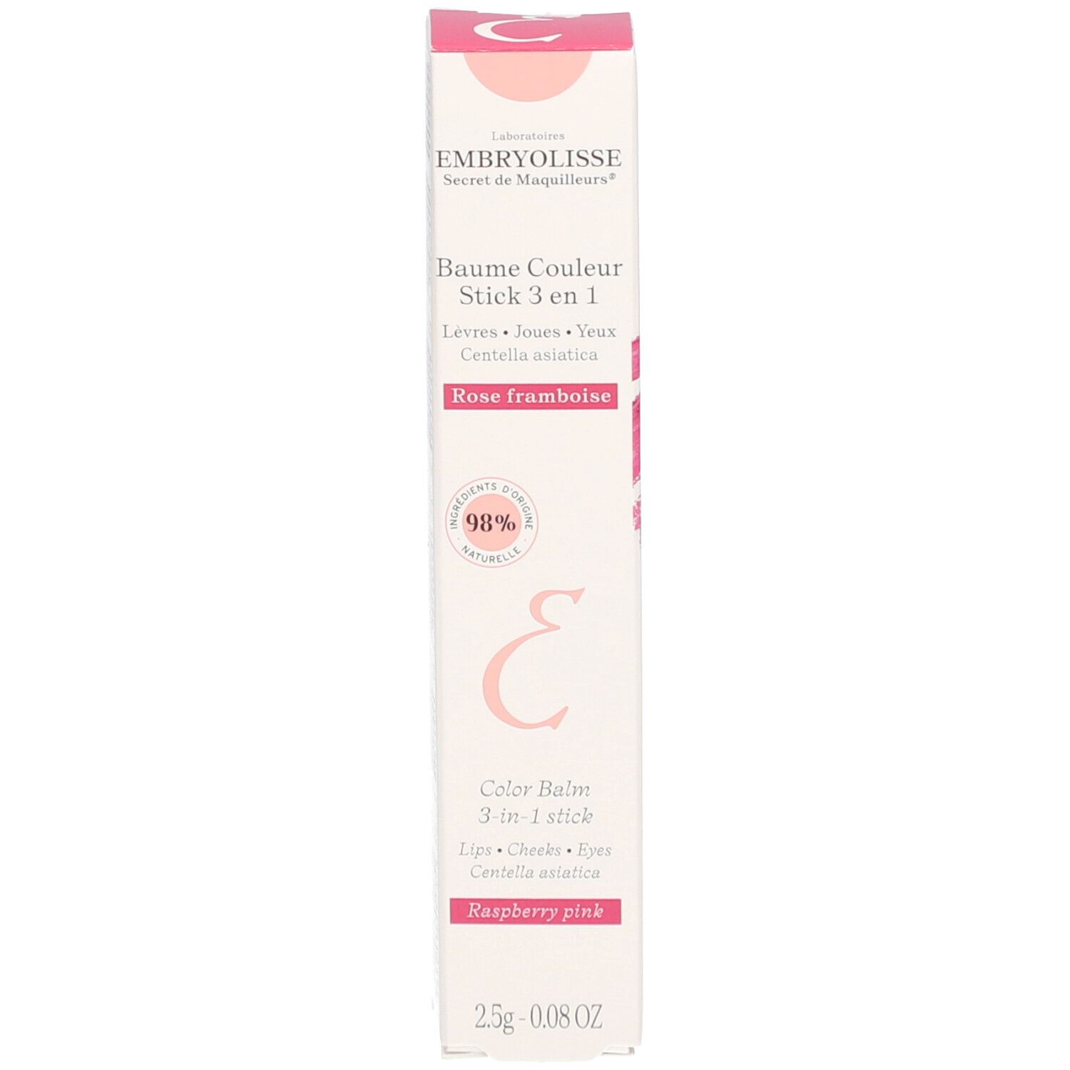 Produktverpackung mit Lippenbalsam-Stick. Aufschrift: EMBRYOLISSE, Baume Couleur Stick 3 en 1, Rose Framboise. Mit Logo und Inhaltsangabe.