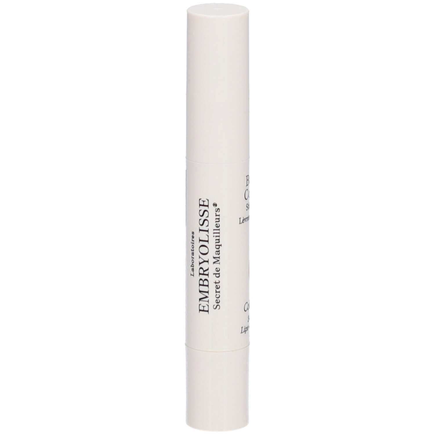 Weißer Stick mit Schriftzug EMBRYOLISSE. Aufschrift: Secret de Maquilleurs. Zylinderform mit abgerundeten Enden.