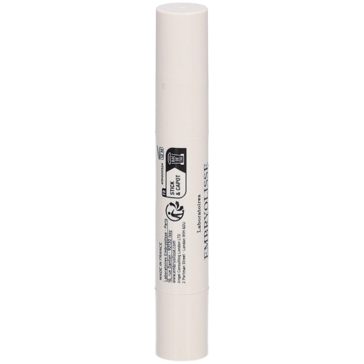 Weißer Stick mit Text und Symbolen. Aufschrift: EMBRYOLISSE. Zylinderform mit abgerundeten Enden. Mit Stick & Capot.