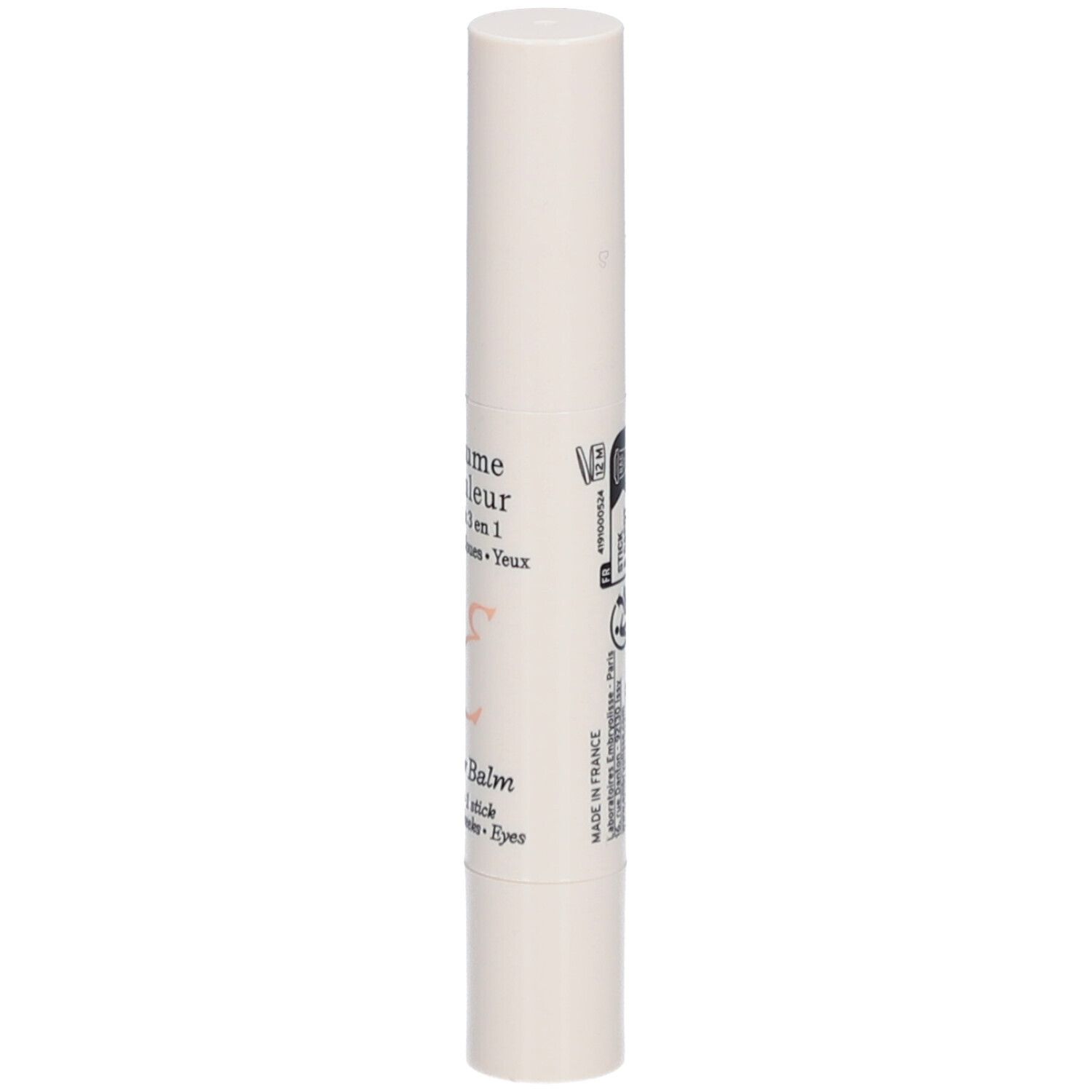 Weißer Stick mit Text. Aufschrift: Baume Couleur Stick 3 en 1. Lippen, Wangen, Augen. Zylinderform mit abgerundeten Enden.